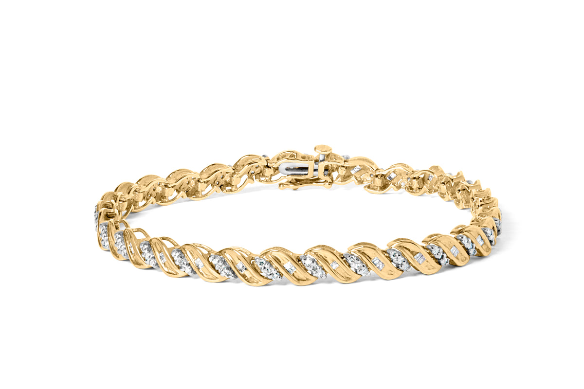 10k Yellow Gold 1.00 Cttw Round-Cut and Baguette-Cut S-Link 7.25&quot; Bracelet (I-J Color, I2-I3 Clarity)