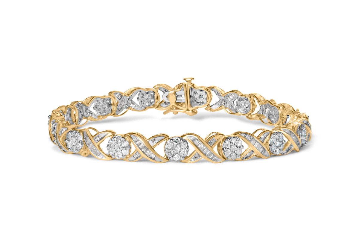 10K Yellow Gold 3.00 Cttw Round-Cut and Baguette-Cut Diamond &#39;XOXO&#39; Floral Design 7.50&quot; Bracelet (J-K Color, I1-I2 Clarity)