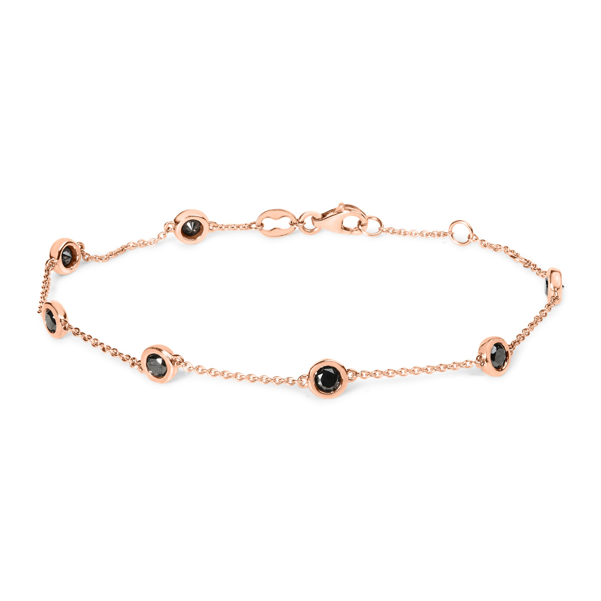 14K Rose Gold 1.00 Cttw Bezel Set Black Diamond 7 Station Link Bracelet (Black Color, I2-I3 Clarity) - 7.5&quot; Inches