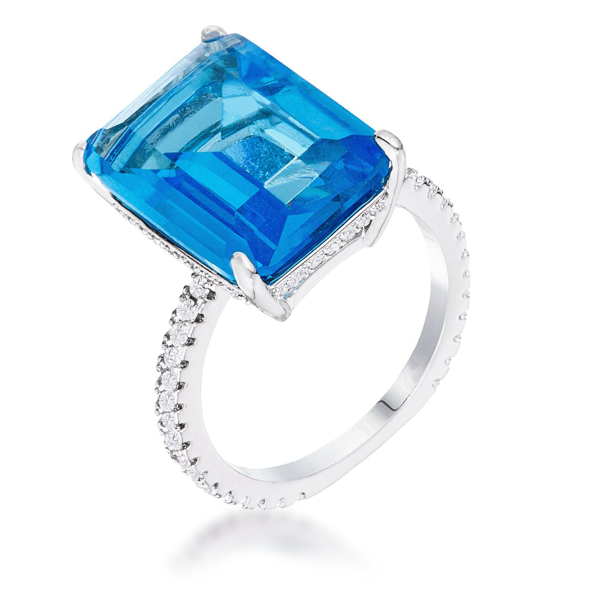 15Ct Rhodium Plated Aqua Blue Emerald Cut Pave Ring, &lt;b&gt;Size 5&lt;/b&gt; - LinkagejewelrydesignLinkagejewelrydesign