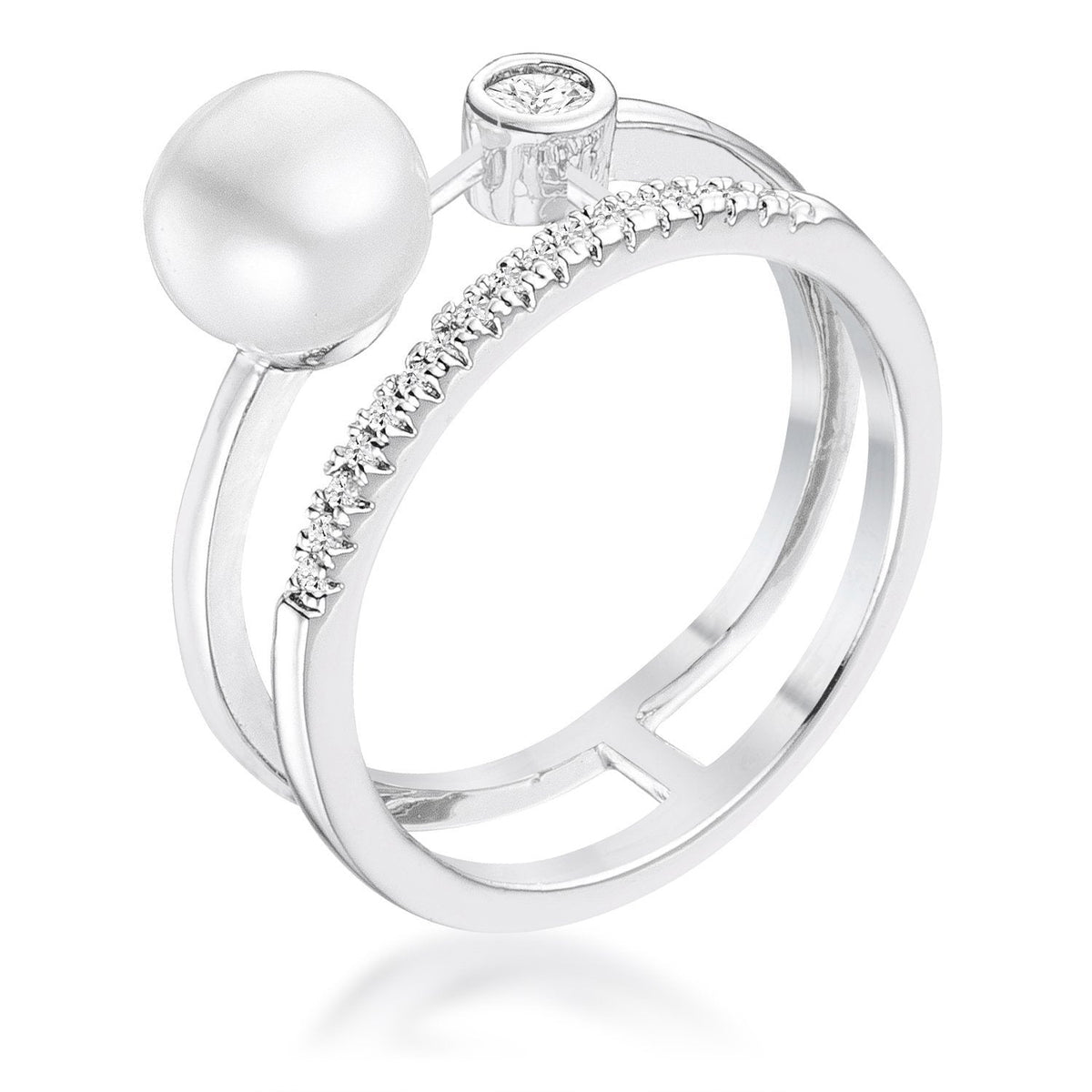 .15Ct Rhodium Plated CZ and Freshwater Pearl Contemporary Double Band Ring, &lt;b&gt;Size 5&lt;/b&gt; - LinkagejewelrydesignLinkagejewelrydesign