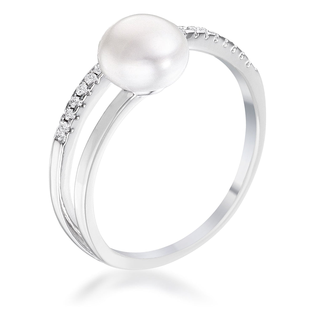 .15Ct Rhodium Plated Freshwater Pearl Ring With CZ Micro Pave Band, &lt;b&gt;Size 5&lt;/b&gt; - LinkagejewelrydesignLinkagejewelrydesign