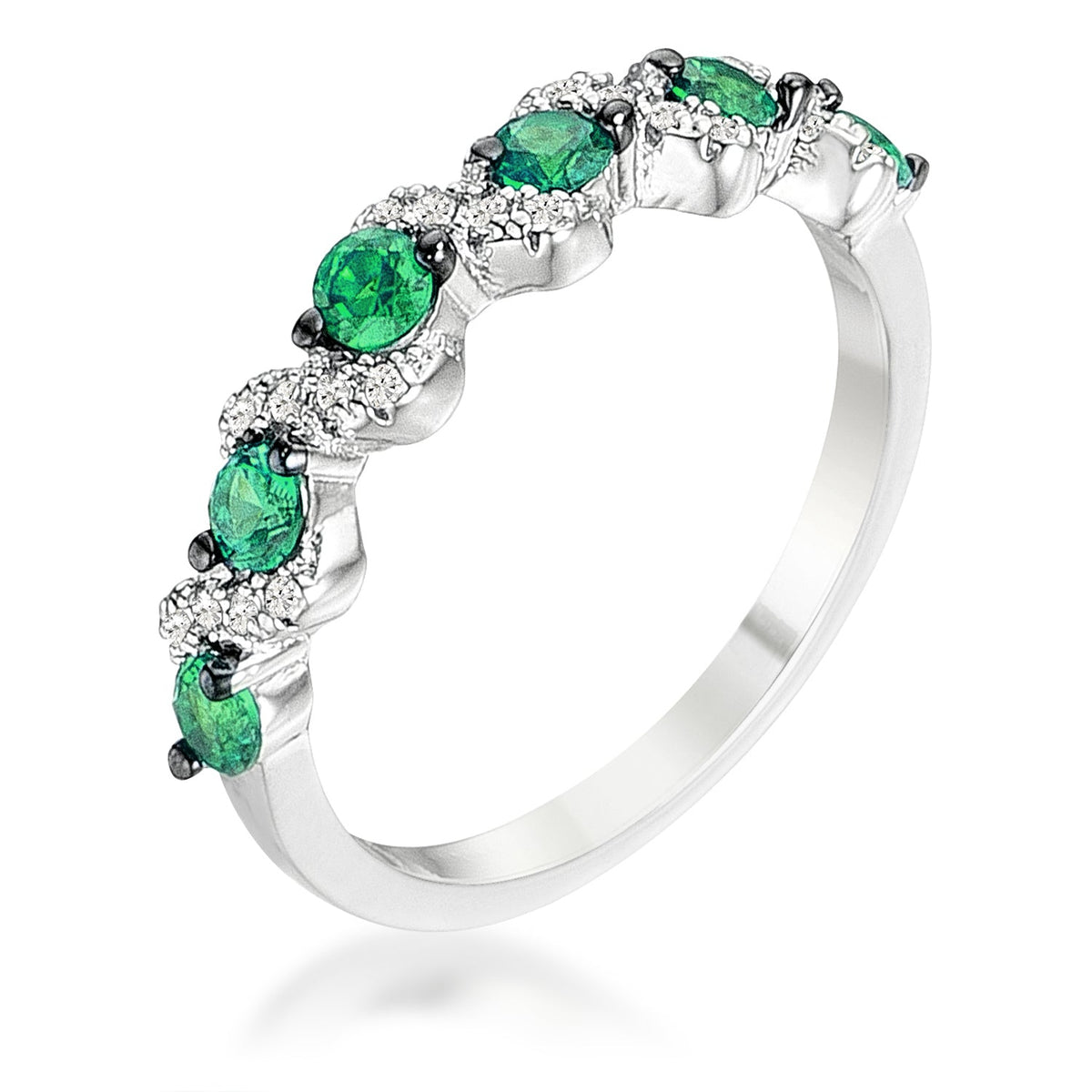 .18Ct Rhodium and Hematite Plated S Shape Emerald Green and Clear CZ Half Eternity Band, &lt;b&gt;Size 5&lt;/b&gt; - LinkagejewelrydesignLinkagejewelrydesign