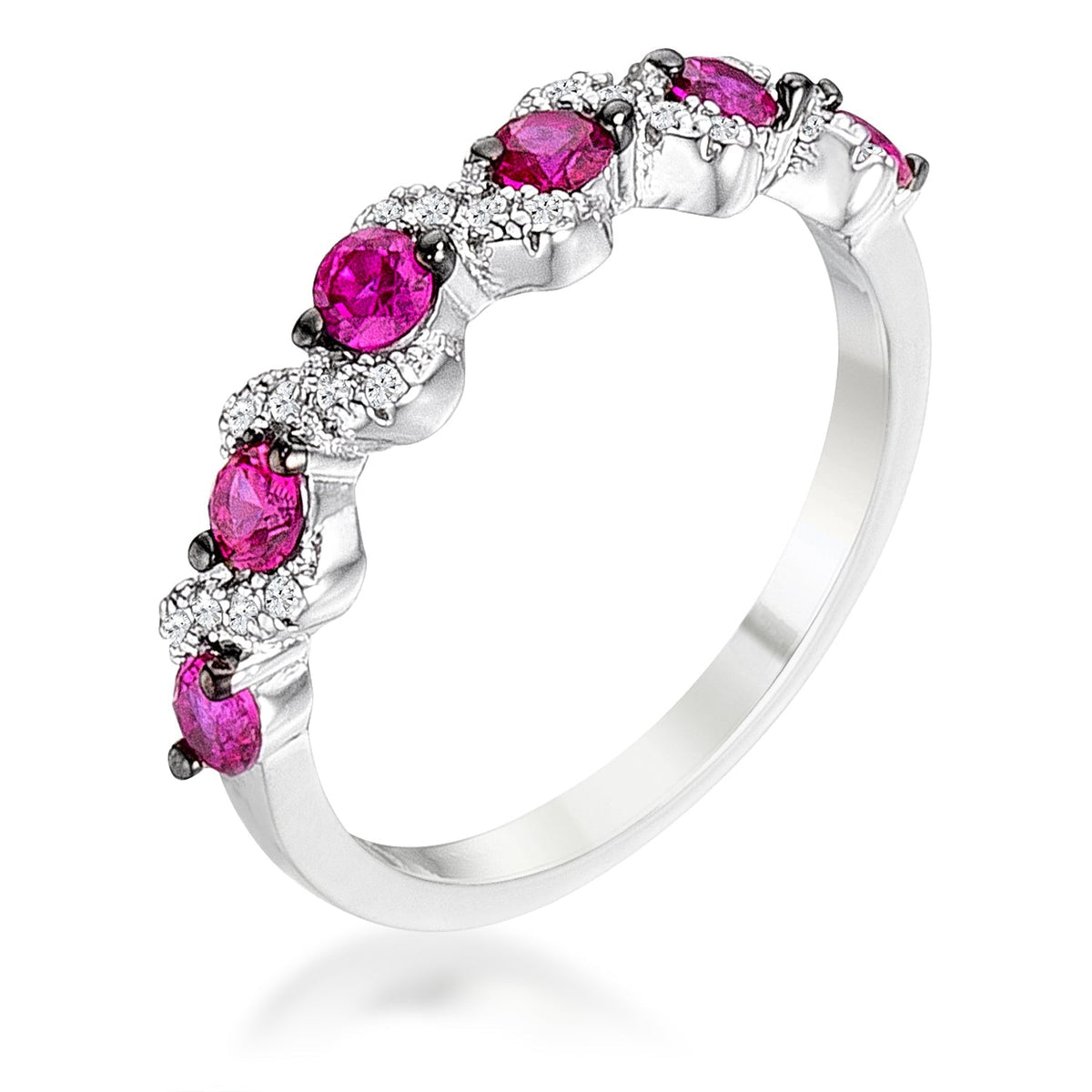 .18Ct Rhodium and Hematite Plated S Shape Fuschia and Clear CZ Half Eternity Band, &lt;b&gt;Size 5&lt;/b&gt; - LinkagejewelrydesignLinkagejewelrydesign