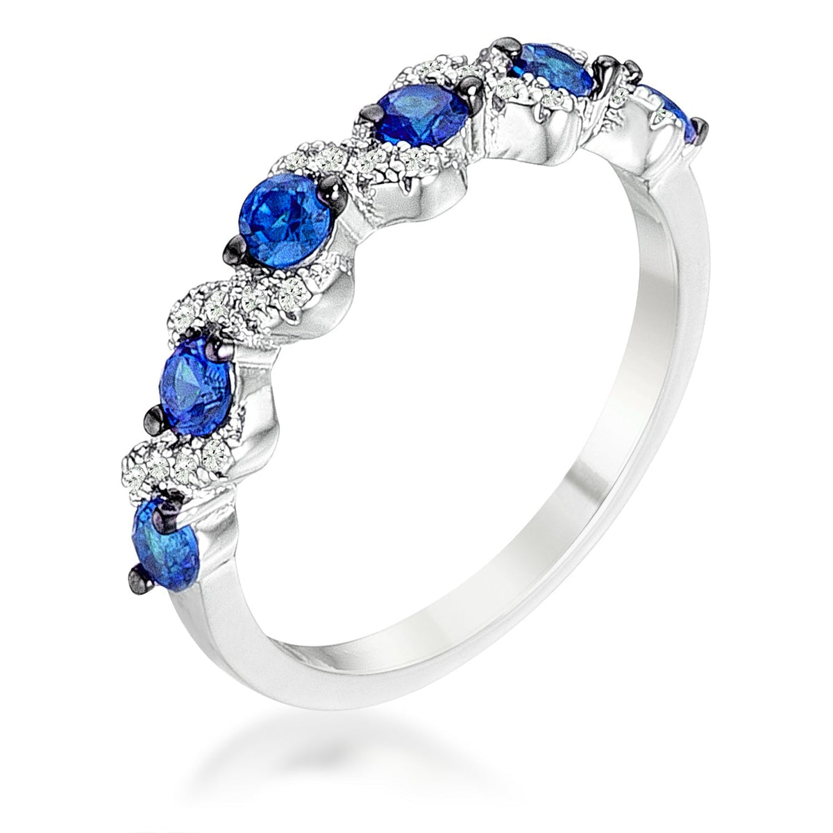 .18Ct Rhodium and Hematite Plated S Shape Sapphire Blue and Clear CZ Half Eternity Band, &lt;b&gt;Size 5&lt;/b&gt; - LinkagejewelrydesignLinkagejewelrydesign