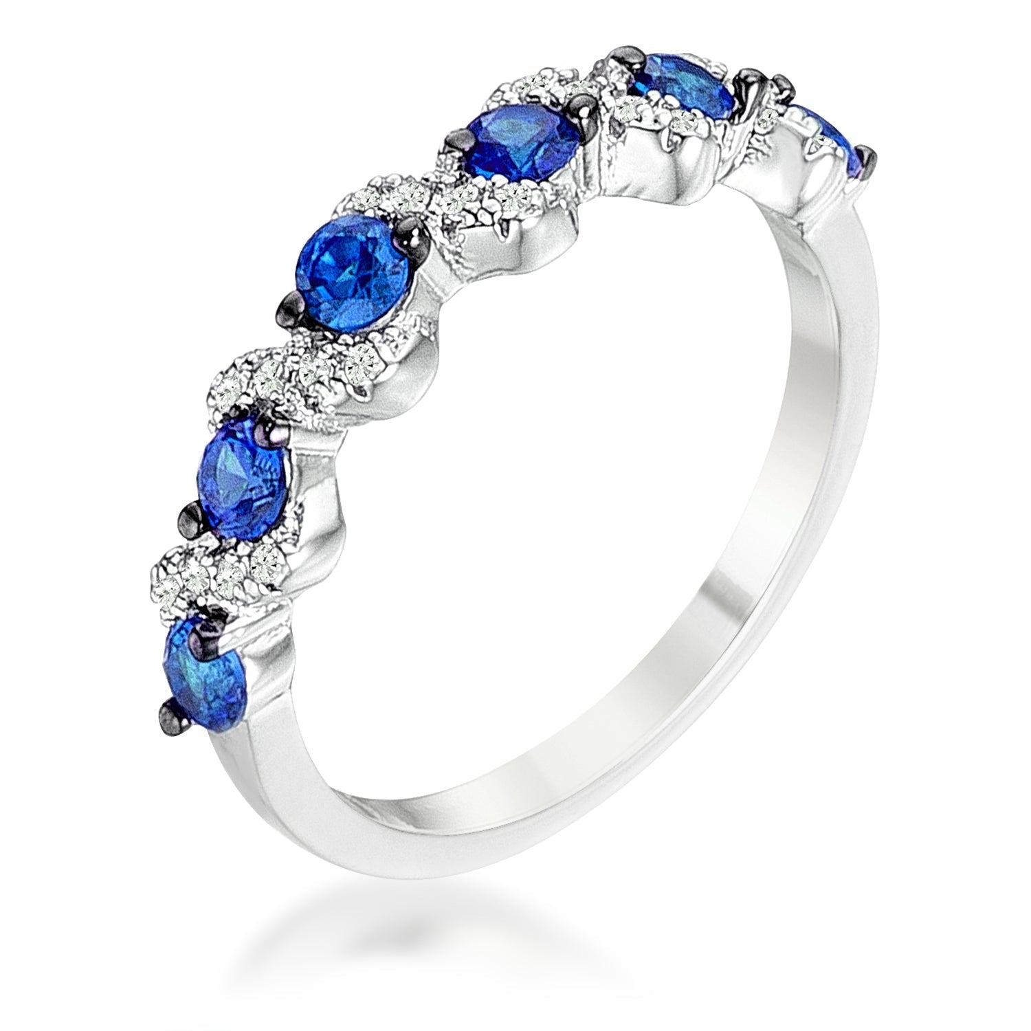 .18Ct Rhodium and Hematite Plated S Shape Sapphire Blue and Clear CZ Half Eternity Band, <b>Size 5</b> - LinkagejewelrydesignLinkagejewelrydesign