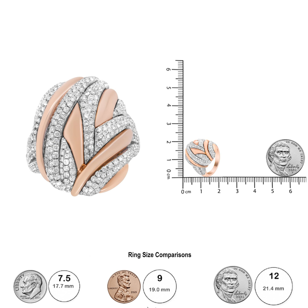 18K Rose and White Gold 1 7/8 Cttw Diamond and Gold Textured Dome Cocktail Ring (F-G Color, VS1-VS2 Clarity) - Size 6.5 - LinkagejewelrydesignLinkagejewelrydesign