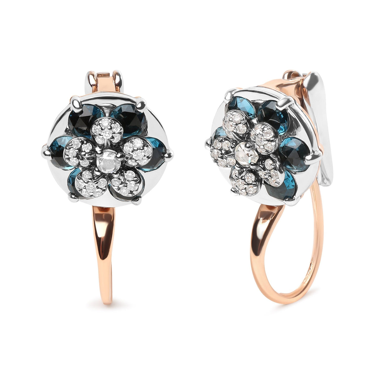 18K Rose and White Gold 1/3 Cttw Round Diamonds and Round London Blue Topaz Gemstone Cluster Floral Drop Hoop Earrings (G-H Color, SI1-SI2 Clarity) - LinkagejewelrydesignLinkagejewelrydesign