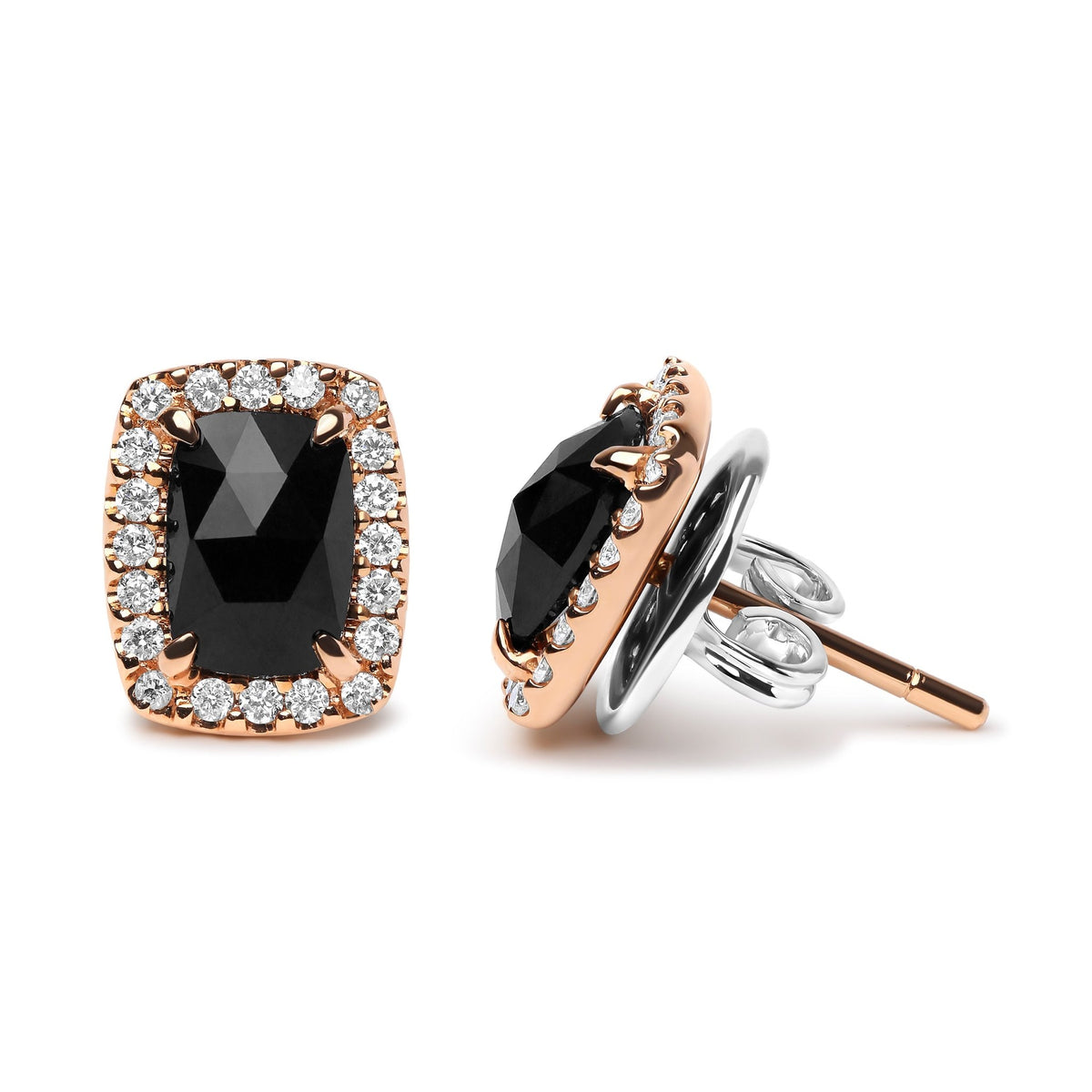 18K Rose and White Gold 1/4 Cttw Round Diamond and 8x6mm Cushion Cut Black Onyx Gemstone Halo Stud Earrings (G-H Color, SI1-SI2 Clarity) - LinkagejewelrydesignLinkagejewelrydesign