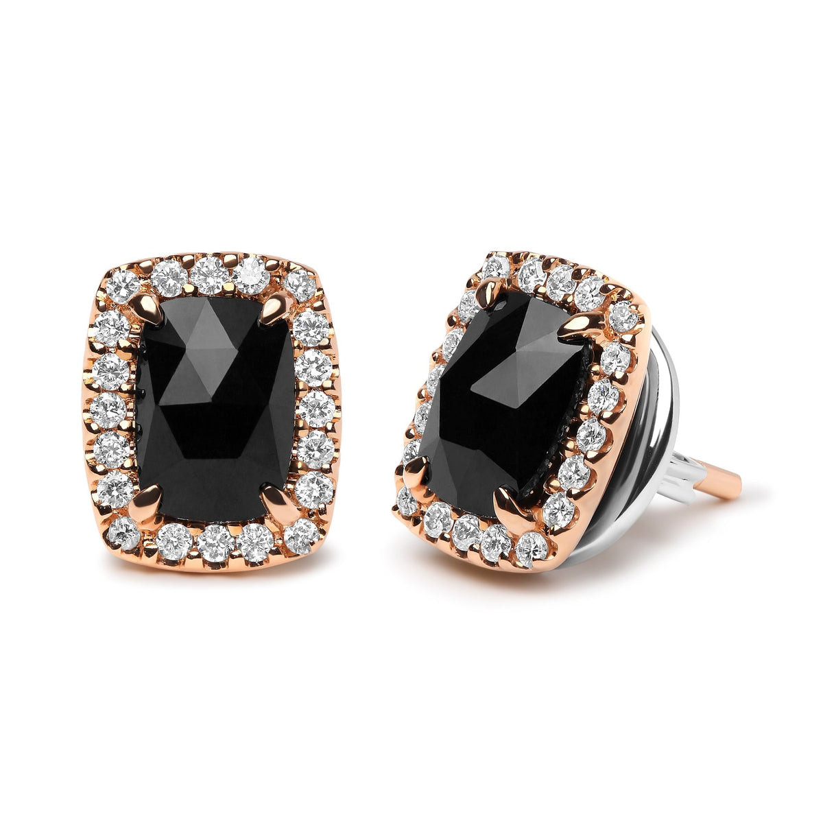 18K Rose and White Gold 1/4 Cttw Round Diamond and 8x6mm Cushion Cut Black Onyx Gemstone Halo Stud Earrings (G-H Color, SI1-SI2 Clarity) - LinkagejewelrydesignLinkagejewelrydesign