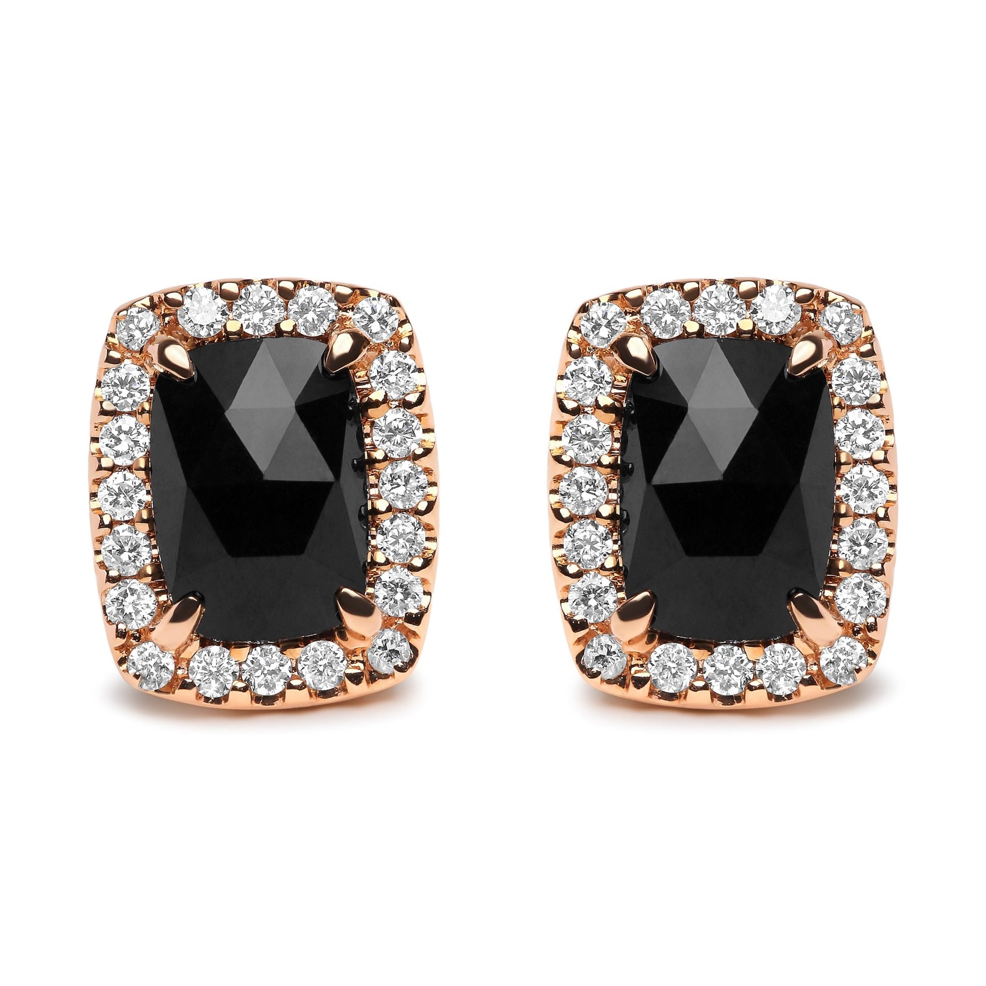 18K Rose and White Gold 1/4 Cttw Round Diamond and 8x6mm Cushion Cut Black Onyx Gemstone Halo Stud Earrings (G-H Color, SI1-SI2 Clarity) - LinkagejewelrydesignLinkagejewelrydesign