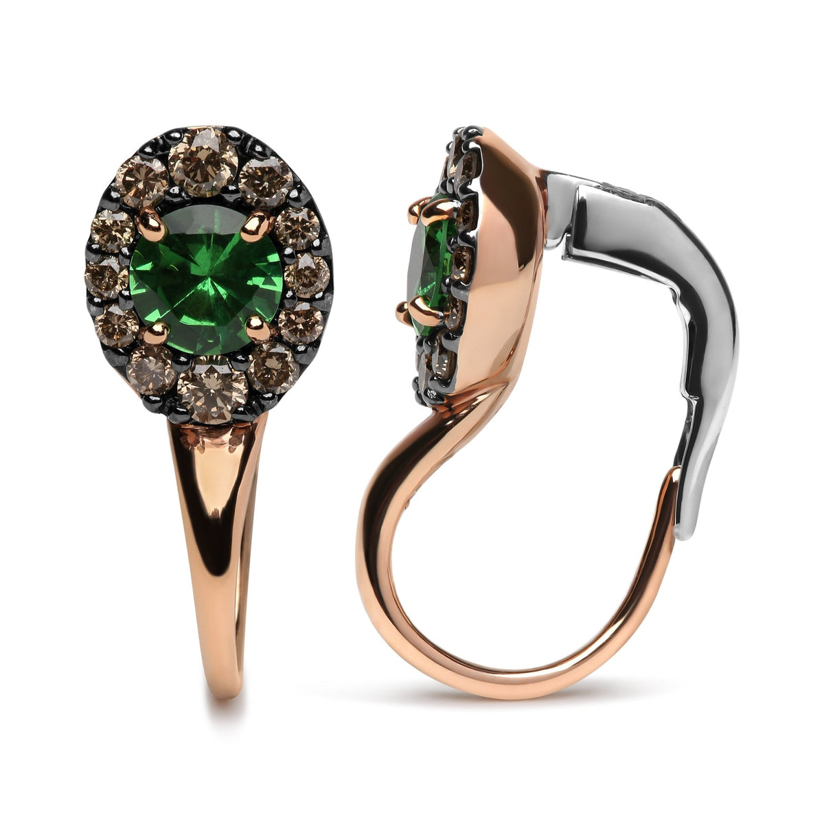 18K Rose and White Gold 3/8 Cttw Round Brown Diamonds and Round Green Tsavorite Gemstone Halo Drop Hoop Earrings (Brown Color, SI1-SI2 Clarity) - LinkagejewelrydesignLinkagejewelrydesign