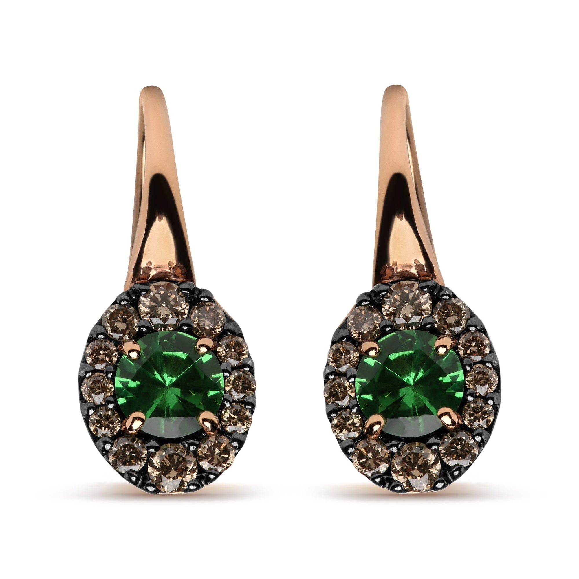 18K Rose and White Gold 3/8 Cttw Round Brown Diamonds and Round Green Tsavorite Gemstone Halo Drop Hoop Earrings (Brown Color, SI1-SI2 Clarity) - LinkagejewelrydesignLinkagejewelrydesign