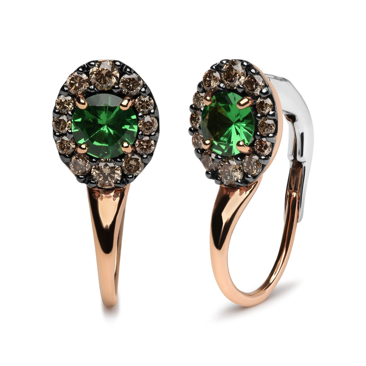 18K Rose and White Gold 3/8 Cttw Round Brown Diamonds and Round Green Tsavorite Gemstone Halo Drop Hoop Earrings (Brown Color, SI1-SI2 Clarity) - LinkagejewelrydesignLinkagejewelrydesign