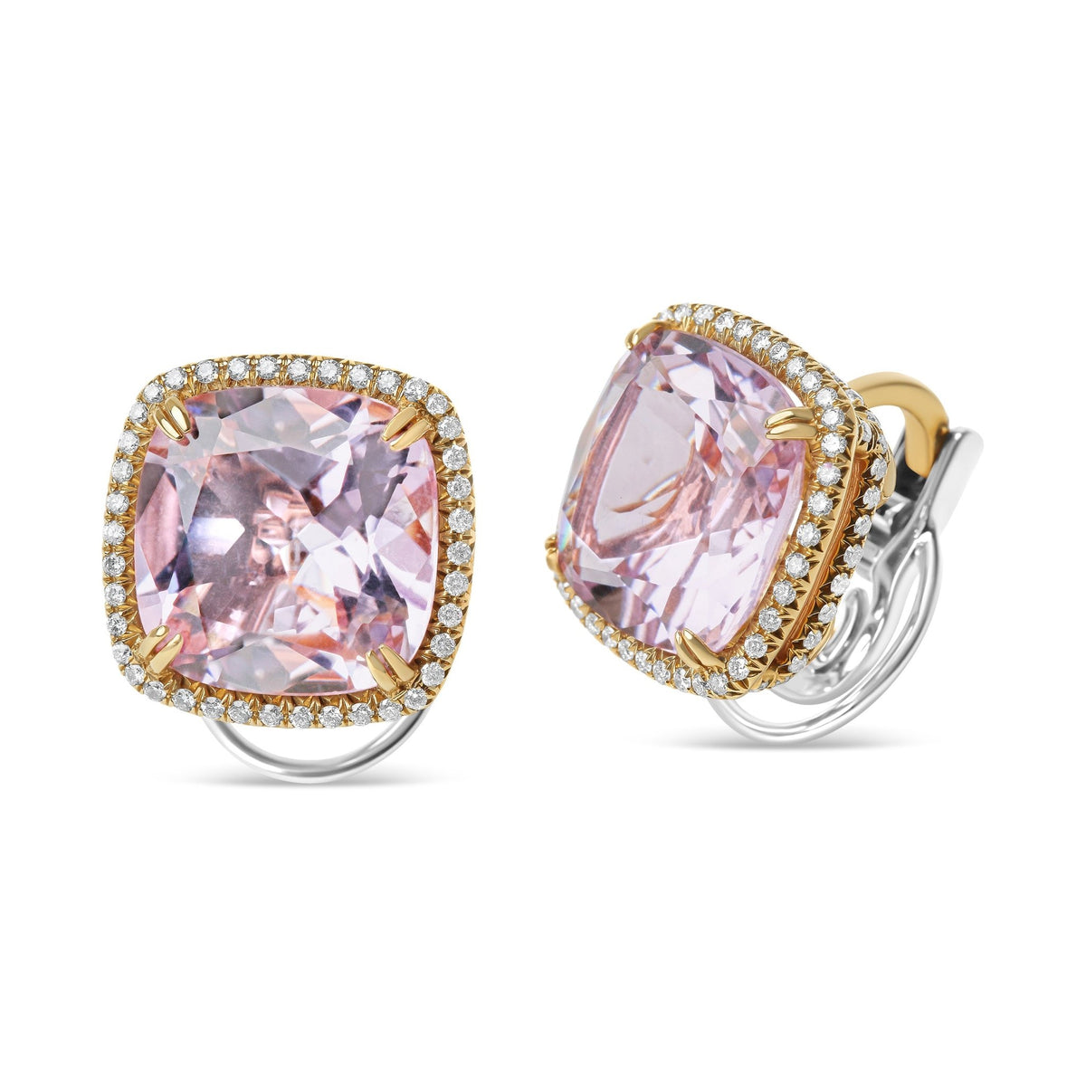 18K Rose and White Gold 9/10 Cttw Round Diamond and 15mm Cushion Cut Rose De France Pink Amethyst Gemstone Clip On Stud Earring (G-H Color, SI1-SI2 Clarity) - LinkagejewelrydesignLinkagejewelrydesign