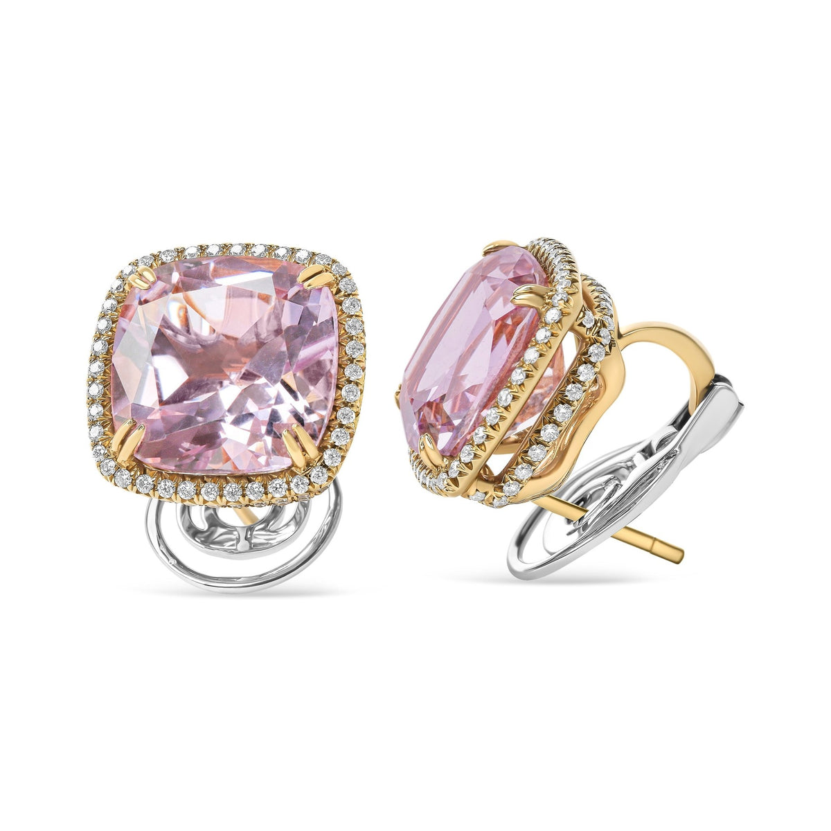 18K Rose and White Gold 9/10 Cttw Round Diamond and 15mm Cushion Cut Rose De France Pink Amethyst Gemstone Clip On Stud Earring (G-H Color, SI1-SI2 Clarity) - LinkagejewelrydesignLinkagejewelrydesign