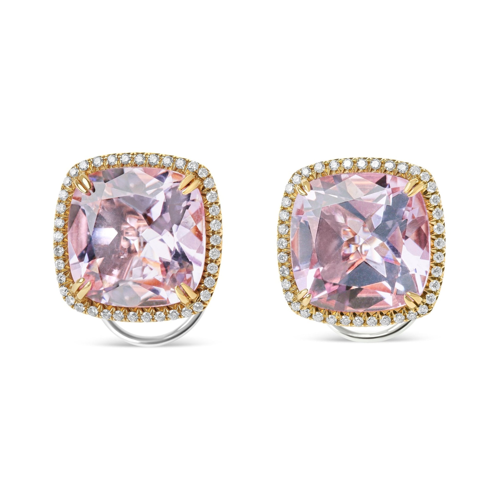 18K Rose and White Gold 9/10 Cttw Round Diamond and 15mm Cushion Cut Rose De France Pink Amethyst Gemstone Clip On Stud Earring (G-H Color, SI1-SI2 Clarity) - LinkagejewelrydesignLinkagejewelrydesign