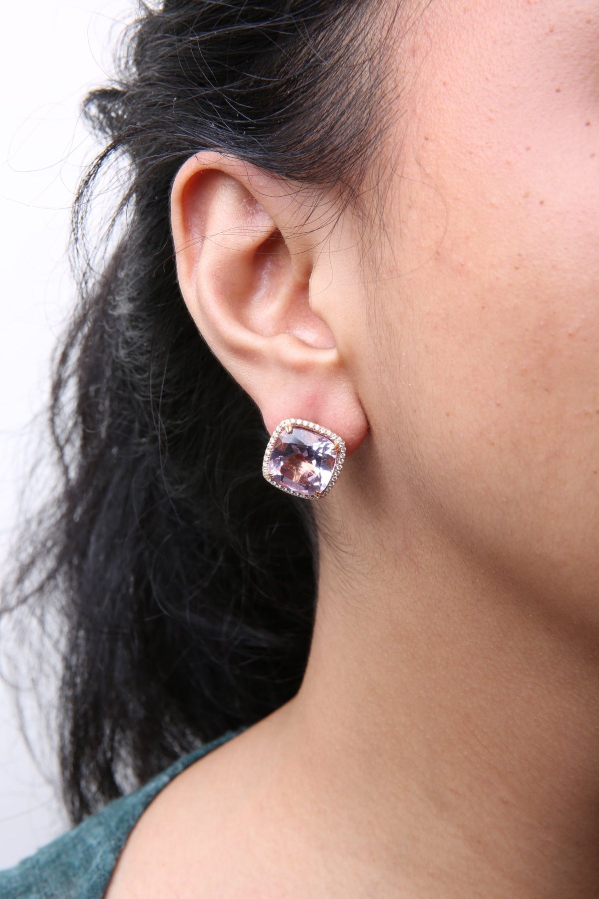 18K Rose and White Gold 9/10 Cttw Round Diamond and 15mm Cushion Cut Rose De France Pink Amethyst Gemstone Clip On Stud Earring (G-H Color, SI1-SI2 Clarity) - LinkagejewelrydesignLinkagejewelrydesign