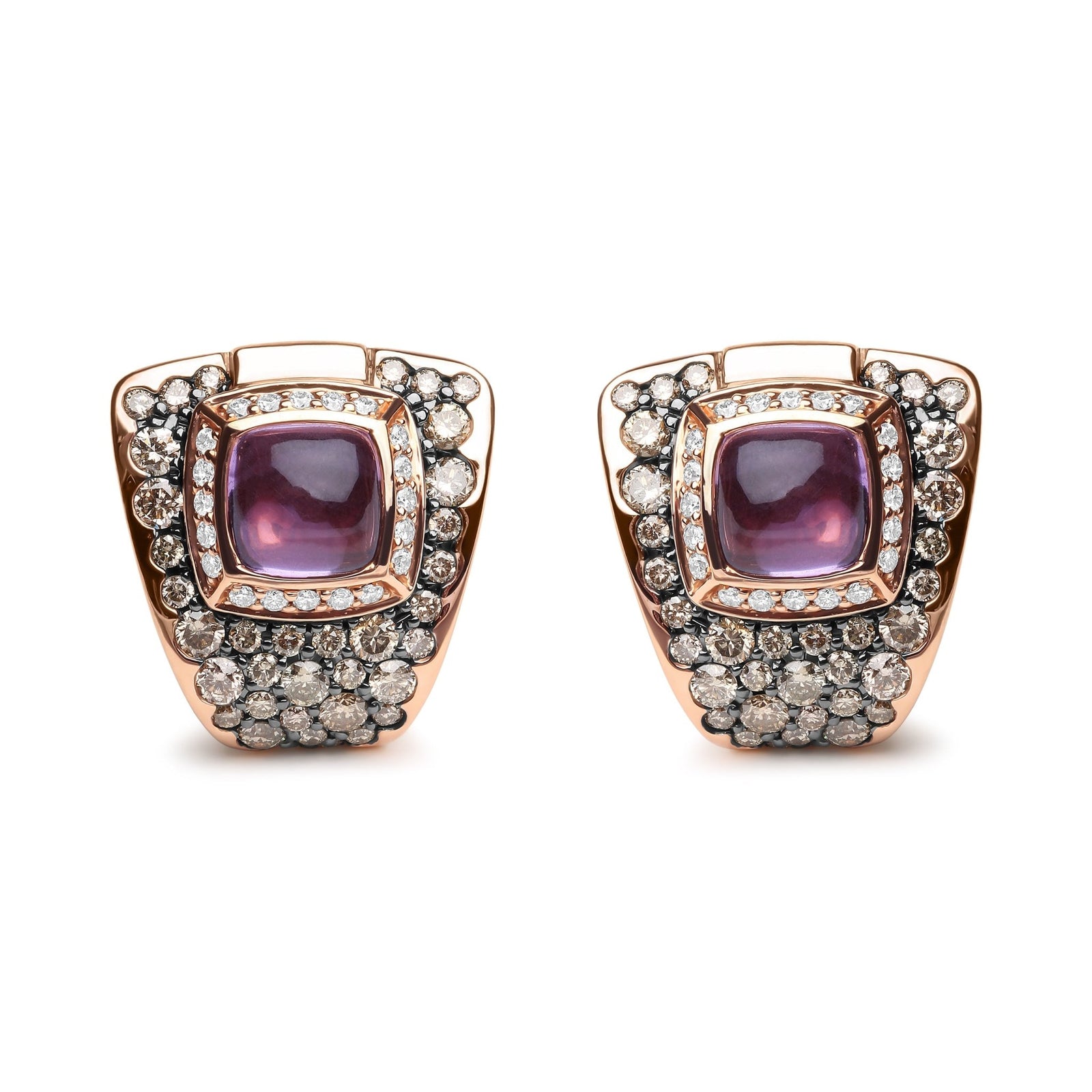 18K Rose Gold 1 1/2 Cttw Round Diamond and 7mm Cushion Cut Purple Amethyst Gemstone Geometrical Statement Stud Earrings (Brown and G-H Color, SI1-SI2 Clarity) - LinkagejewelrydesignLinkagejewelrydesign