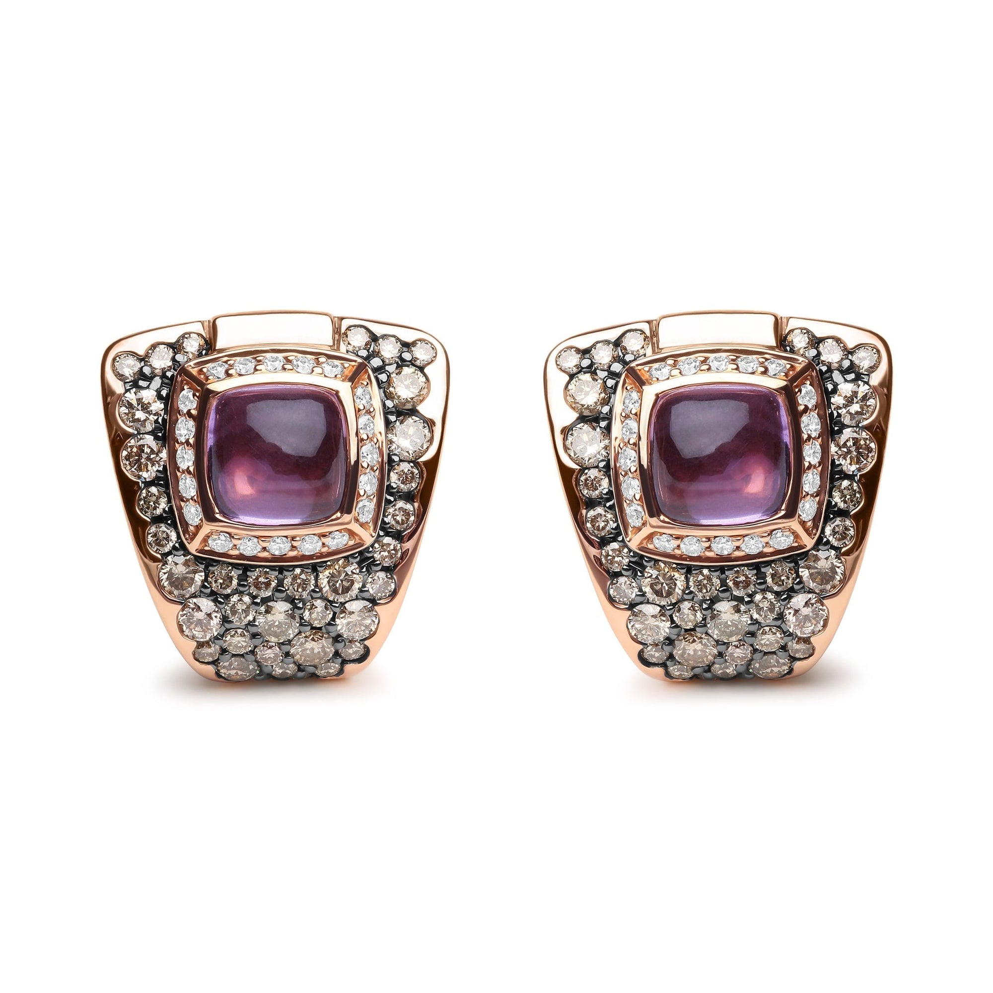 18K Rose Gold 1 1/2 Cttw Round Diamond and 7mm Cushion Cut Purple Amethyst Gemstone Geometrical Statement Stud Earrings (Brown and G-H Color, SI1-SI2 Clarity) - LinkagejewelrydesignLinkagejewelrydesign