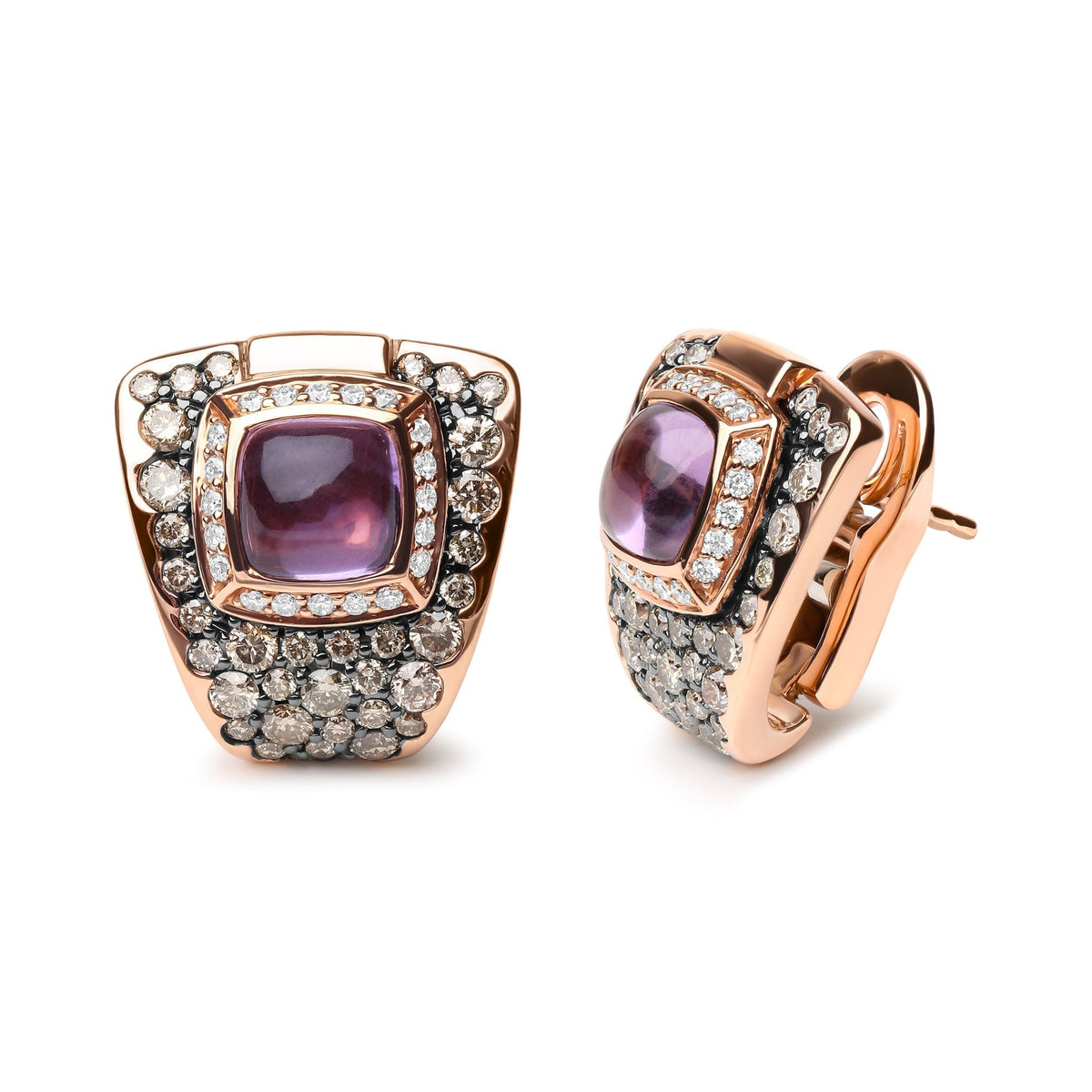 18K Rose Gold 1 1/2 Cttw Round Diamond and 7mm Cushion Cut Purple Amethyst Gemstone Geometrical Statement Stud Earrings (Brown and G-H Color, SI1-SI2 Clarity) - LinkagejewelrydesignLinkagejewelrydesign