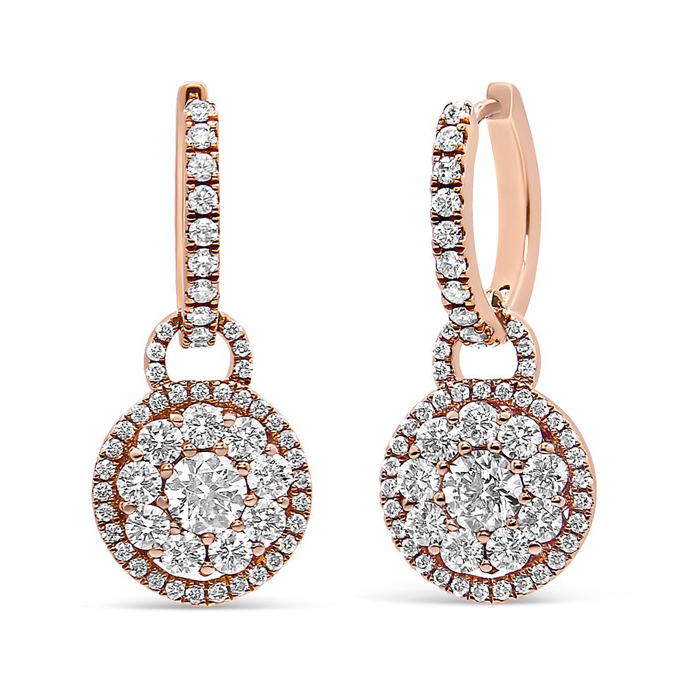 18K Rose Gold 1 1/2 Cttw Round Shaped Diamond Composite Drop and Dangle Leverback Earrings (F-G Color, VS1-VS2 Clarity) - LinkagejewelrydesignLinkagejewelrydesign