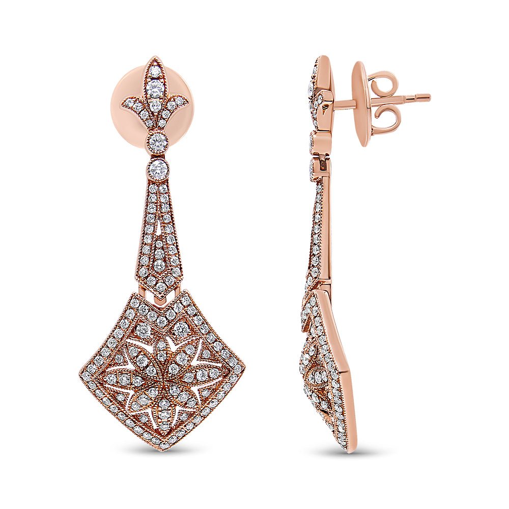 18K Rose Gold 1 1/3 Cttw Diamond Studded Fleur De Lis Trellis Style Drop and Dangle Earring (F-G Color, VS1-VS2 Clarity) - LinkagejewelrydesignLinkagejewelrydesign