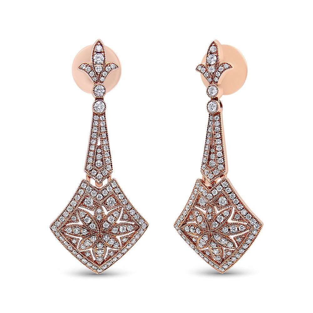 18K Rose Gold 1 1/3 Cttw Diamond Studded Fleur De Lis Trellis Style Drop and Dangle Earring (F-G Color, VS1-VS2 Clarity) - LinkagejewelrydesignLinkagejewelrydesign