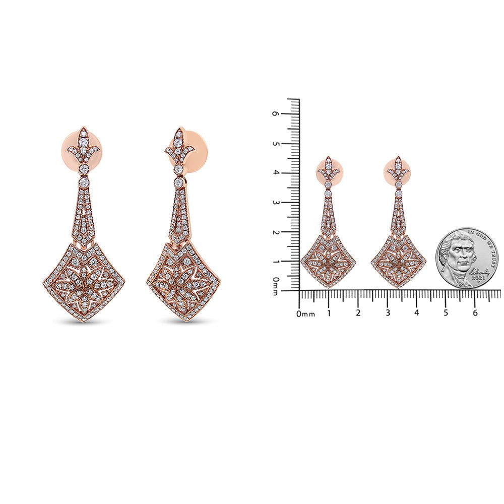 18K Rose Gold 1 1/3 Cttw Diamond Studded Fleur De Lis Trellis Style Drop and Dangle Earring (F-G Color, VS1-VS2 Clarity) - LinkagejewelrydesignLinkagejewelrydesign