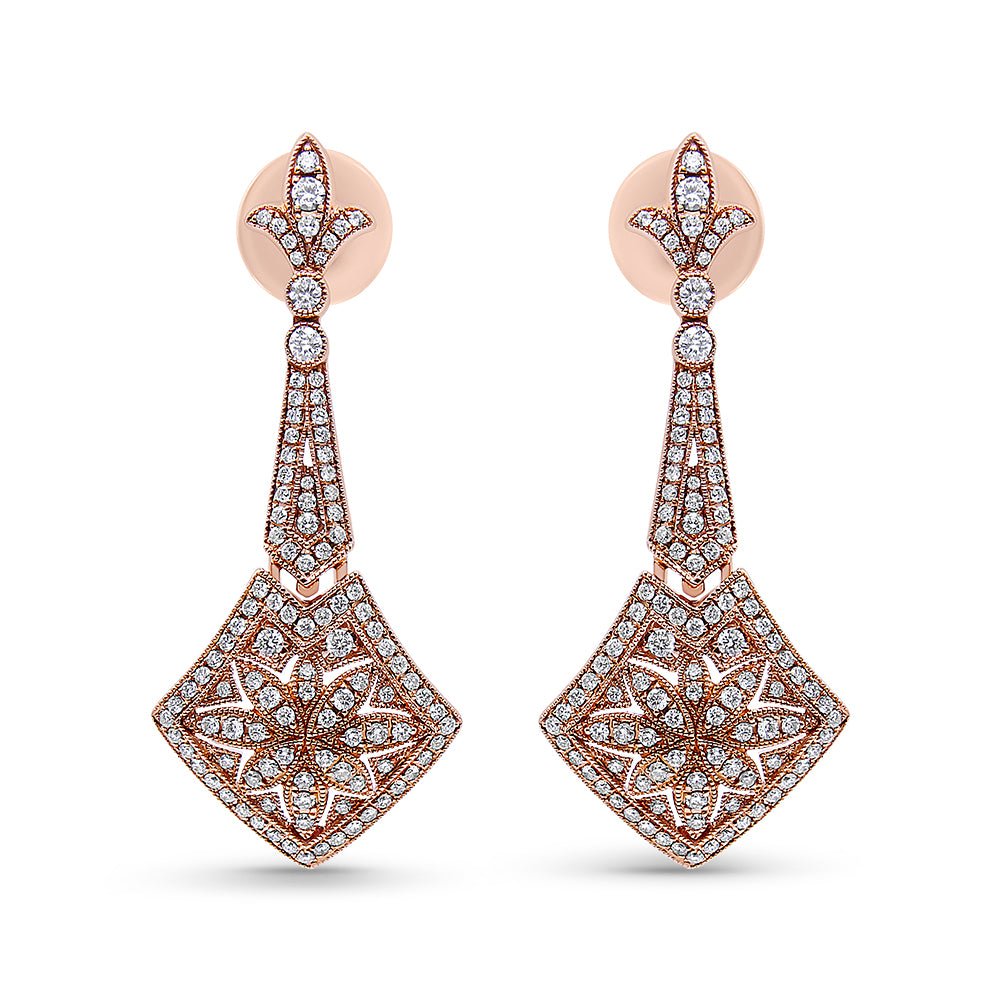 18K Rose Gold 1 1/3 Cttw Diamond Studded Fleur De Lis Trellis Style Drop and Dangle Earring (F-G Color, VS1-VS2 Clarity) - LinkagejewelrydesignLinkagejewelrydesign