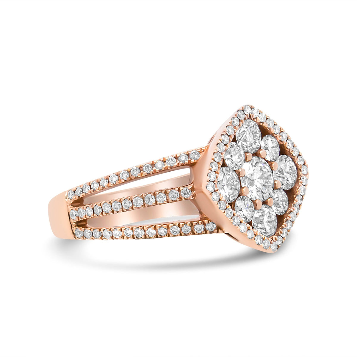 18K Rose Gold 1 1/4 Cttw Diamond Halo Cluster Split Shank Ring Band (F-G Color, VS1-VS2 Clarity) - Ring Size 6.5 - LinkagejewelrydesignLinkagejewelrydesign