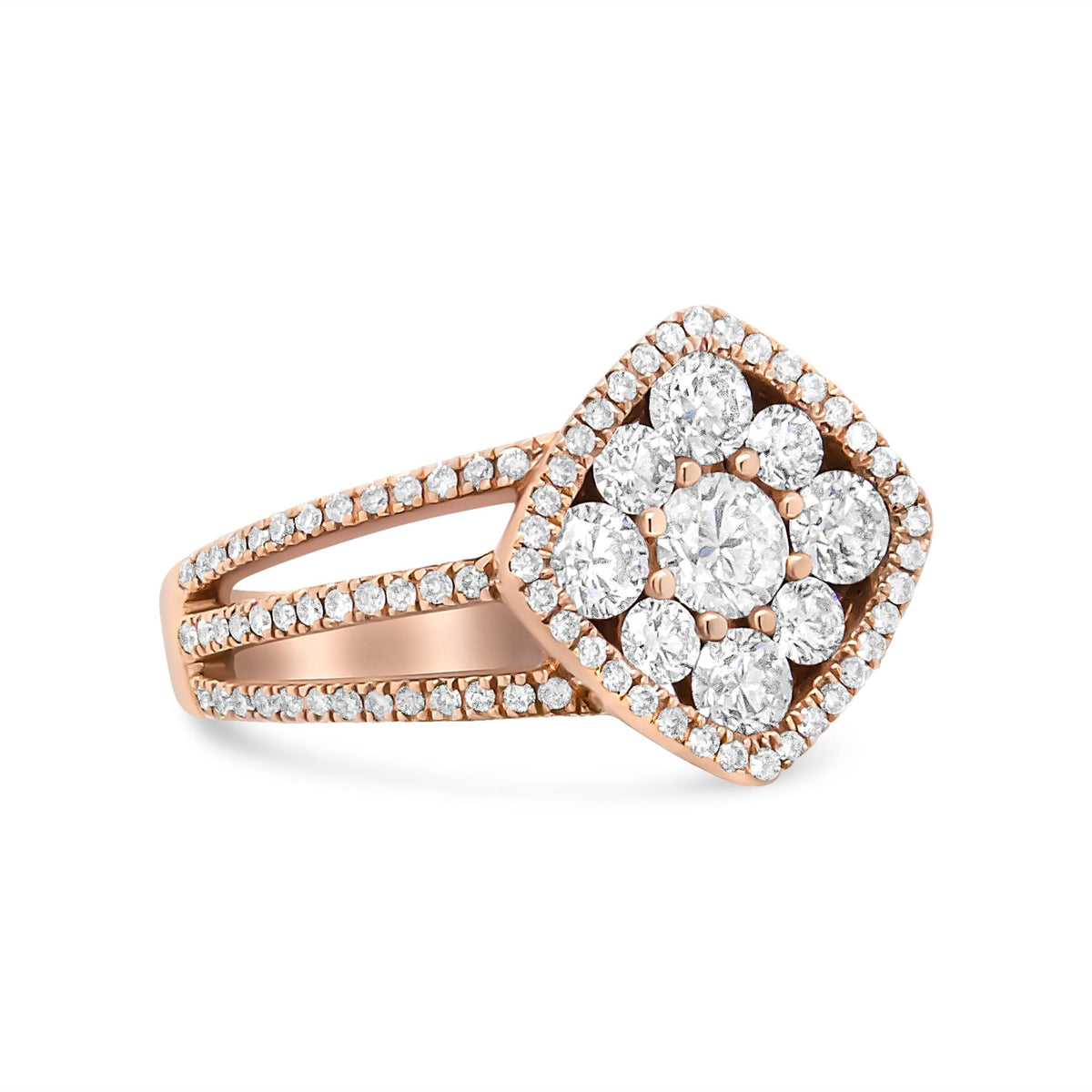 18K Rose Gold 1 1/4 Cttw Diamond Halo Cluster Split Shank Ring Band (F-G Color, VS1-VS2 Clarity) - Ring Size 6.5 - LinkagejewelrydesignLinkagejewelrydesign
