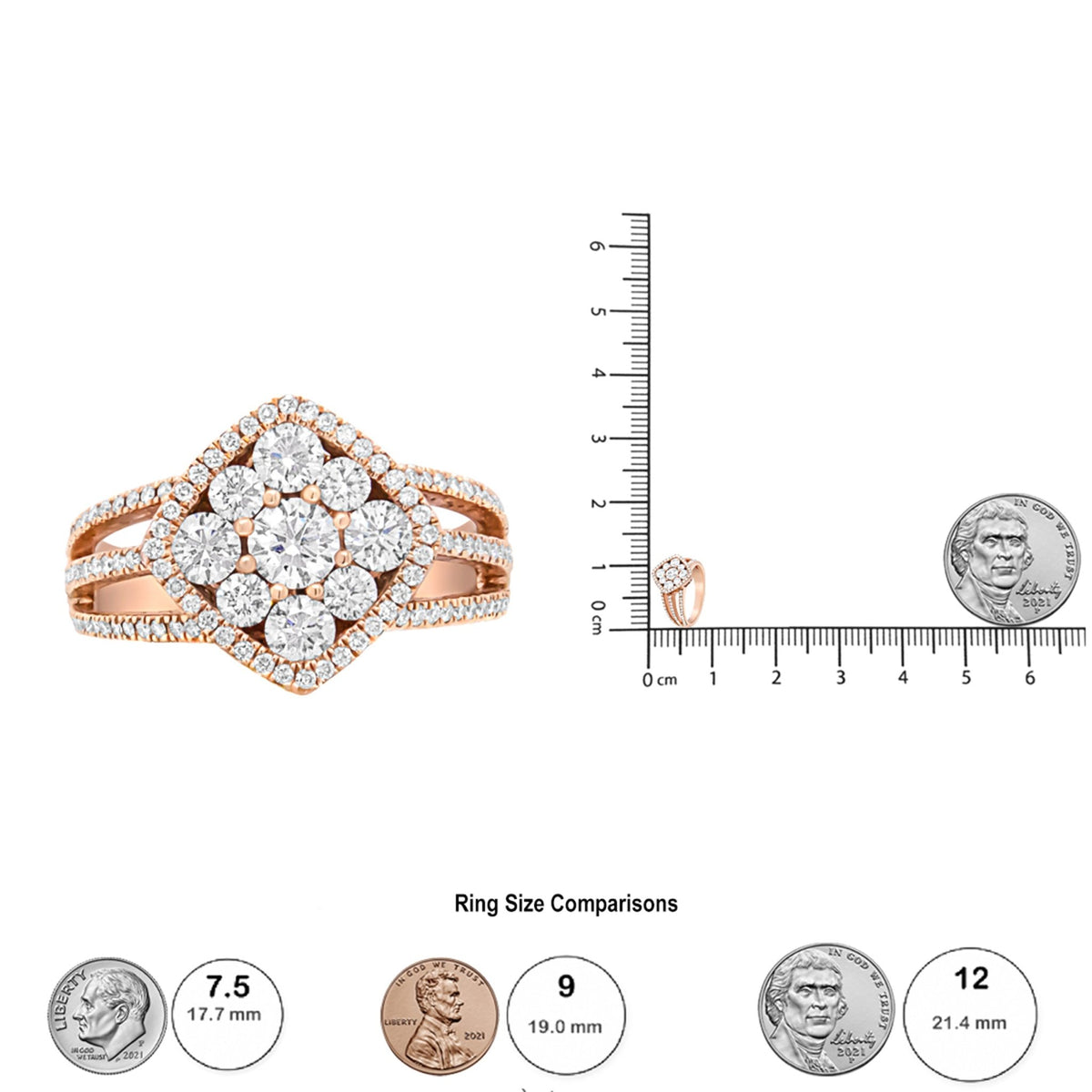 18K Rose Gold 1 1/4 Cttw Diamond Halo Cluster Split Shank Ring Band (F-G Color, VS1-VS2 Clarity) - Ring Size 6.5 - LinkagejewelrydesignLinkagejewelrydesign