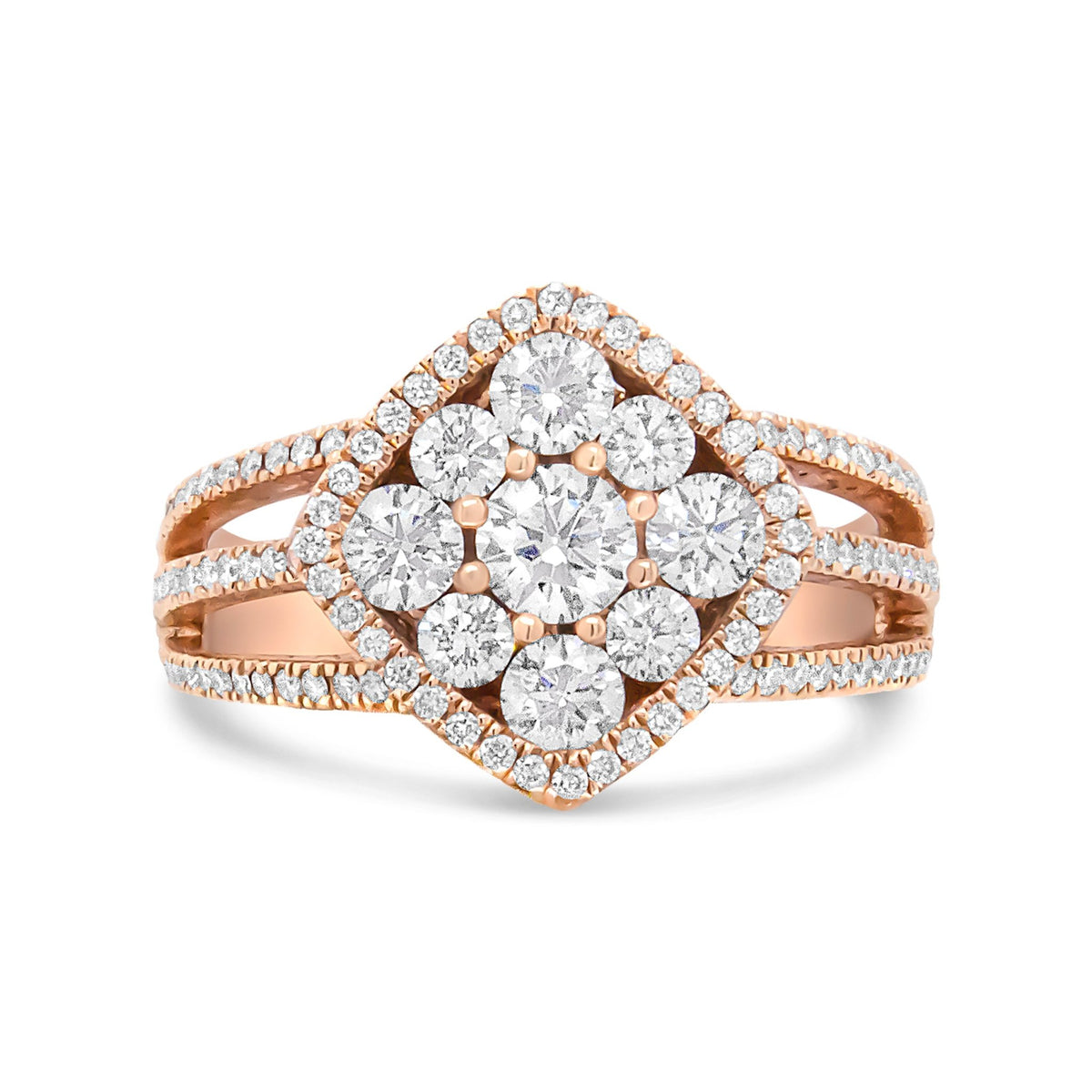 18K Rose Gold 1 1/4 Cttw Diamond Halo Cluster Split Shank Ring Band (F-G Color, VS1-VS2 Clarity) - Ring Size 6.5 - LinkagejewelrydesignLinkagejewelrydesign