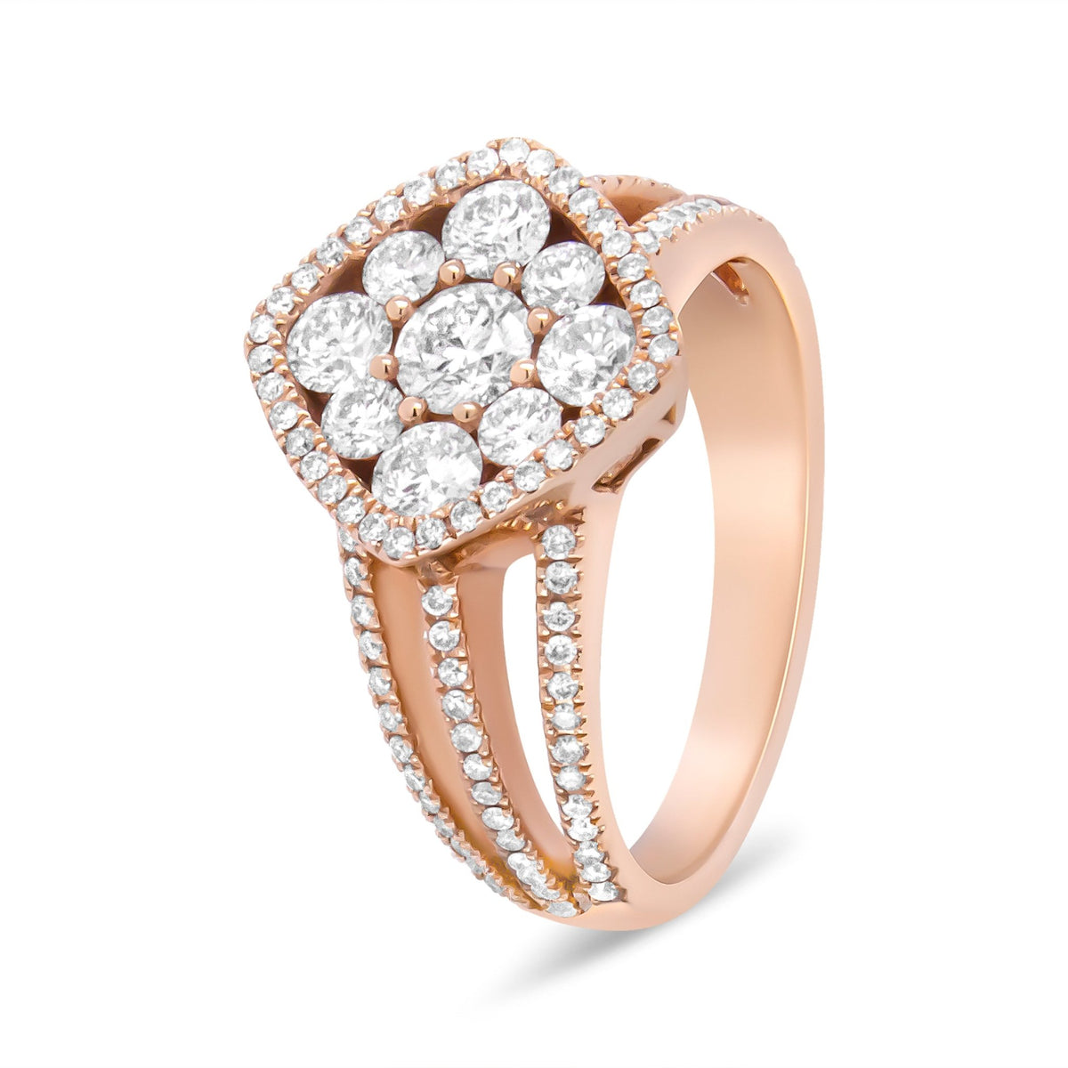 18K Rose Gold 1 1/4 Cttw Diamond Halo Cluster Split Shank Ring Band (F-G Color, VS1-VS2 Clarity) - Ring Size 6.5 - LinkagejewelrydesignLinkagejewelrydesign