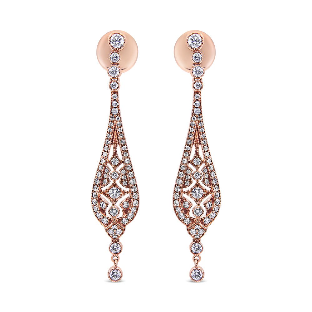 18K Rose Gold 1 3/4 Cttw Diamond Milgrain Edged Vintage Art Deco Style Drop and Dangle Earring (F-G Color, VS1-VS2 Clarity) - LinkagejewelrydesignLinkagejewelrydesign
