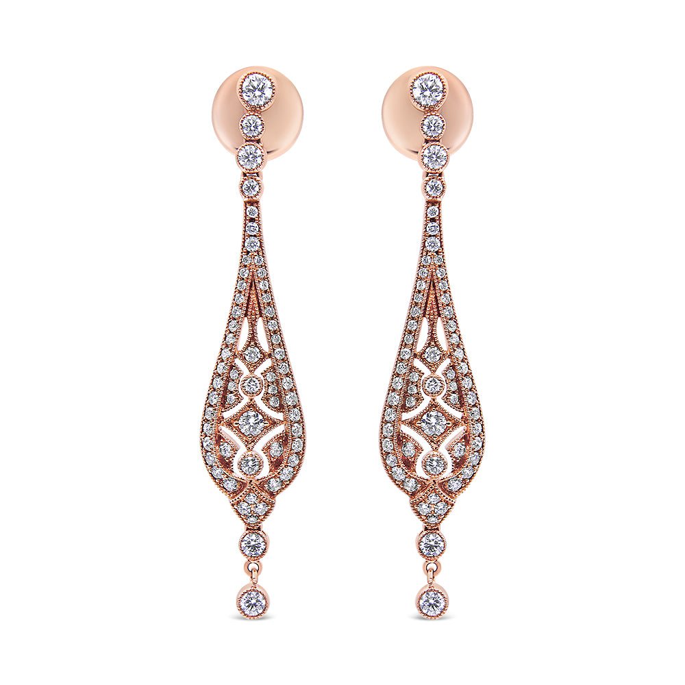 18K Rose Gold 1 3/4 Cttw Diamond Milgrain Edged Vintage Art Deco Style Drop and Dangle Earring (F-G Color, VS1-VS2 Clarity) - LinkagejewelrydesignLinkagejewelrydesign