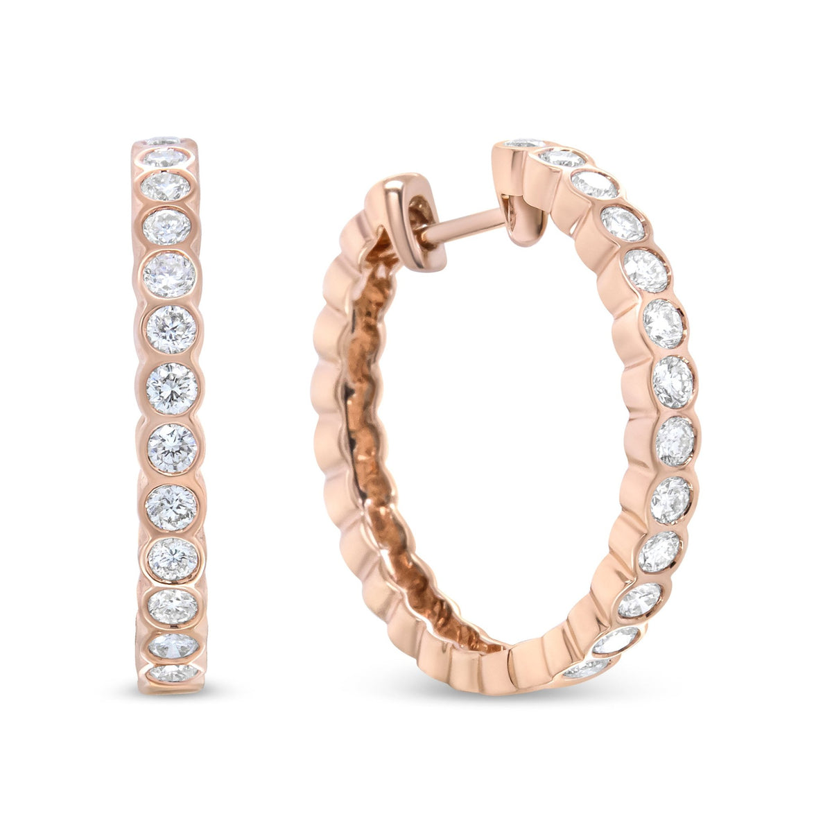 18K Rose Gold 1 Cttw Round Bezel-Set Diamond Hoop Earrings (F-G Color, VS1-VS2 Clarity) - LinkagejewelrydesignLinkagejewelrydesign