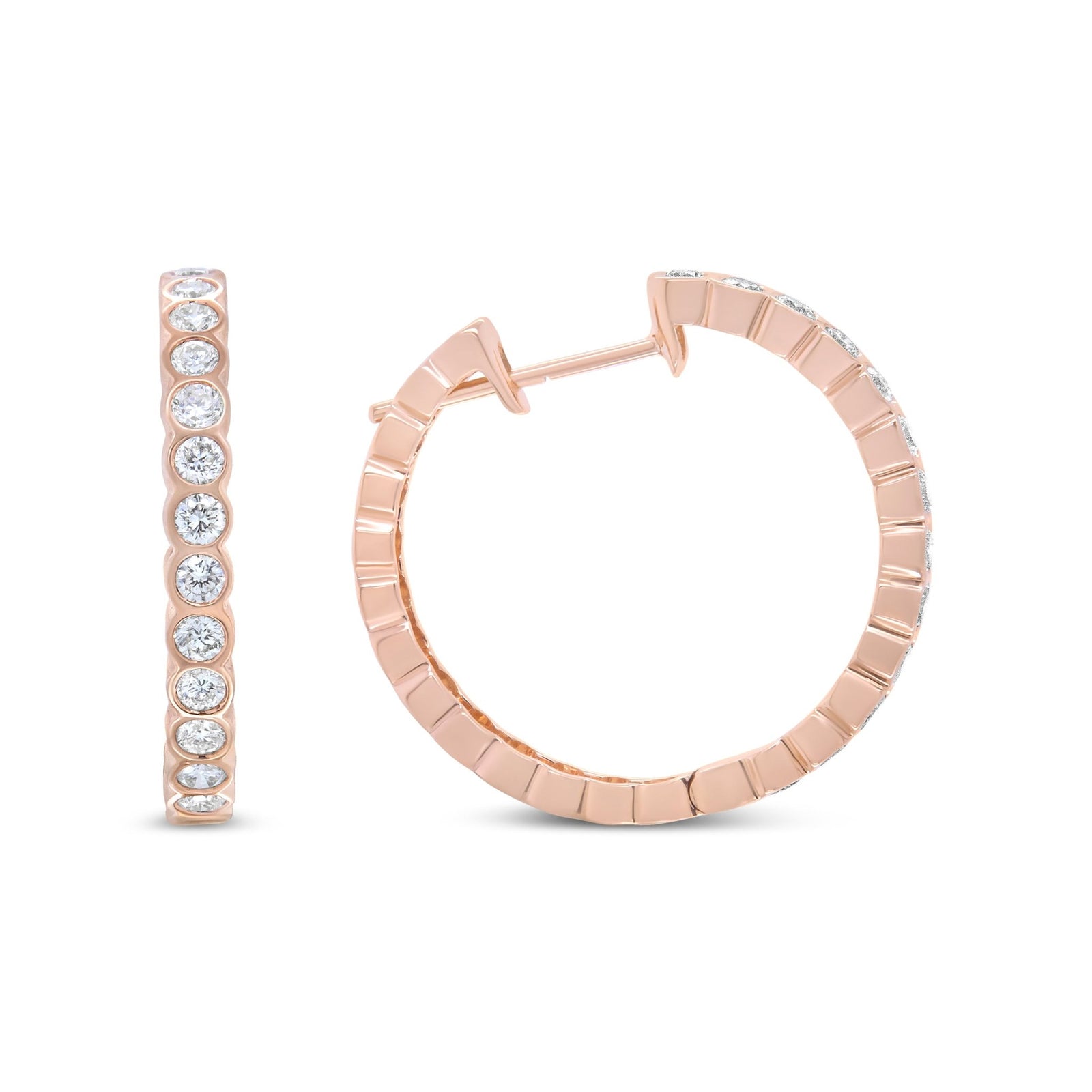 18K Rose Gold 1 Cttw Round Bezel-Set Diamond Hoop Earrings (F-G Color, VS1-VS2 Clarity) - LinkagejewelrydesignLinkagejewelrydesign
