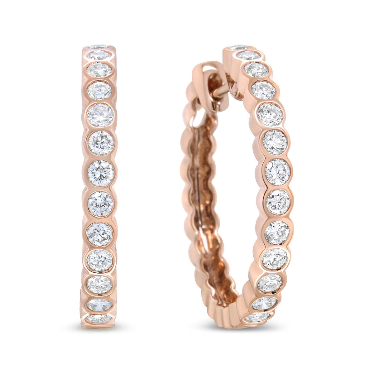 18K Rose Gold 1 Cttw Round Bezel-Set Diamond Hoop Earrings (F-G Color, VS1-VS2 Clarity) - LinkagejewelrydesignLinkagejewelrydesign
