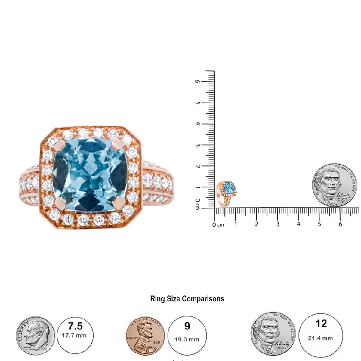 18K Rose Gold 10x10mm Cushion Shaped Aquamarine and 1 1/8 Cttw Round Diamond Halo Ring (F-G Color, VS1-VS2 Clarity) - Ring Size 6.5 - LinkagejewelrydesignLinkagejewelrydesign