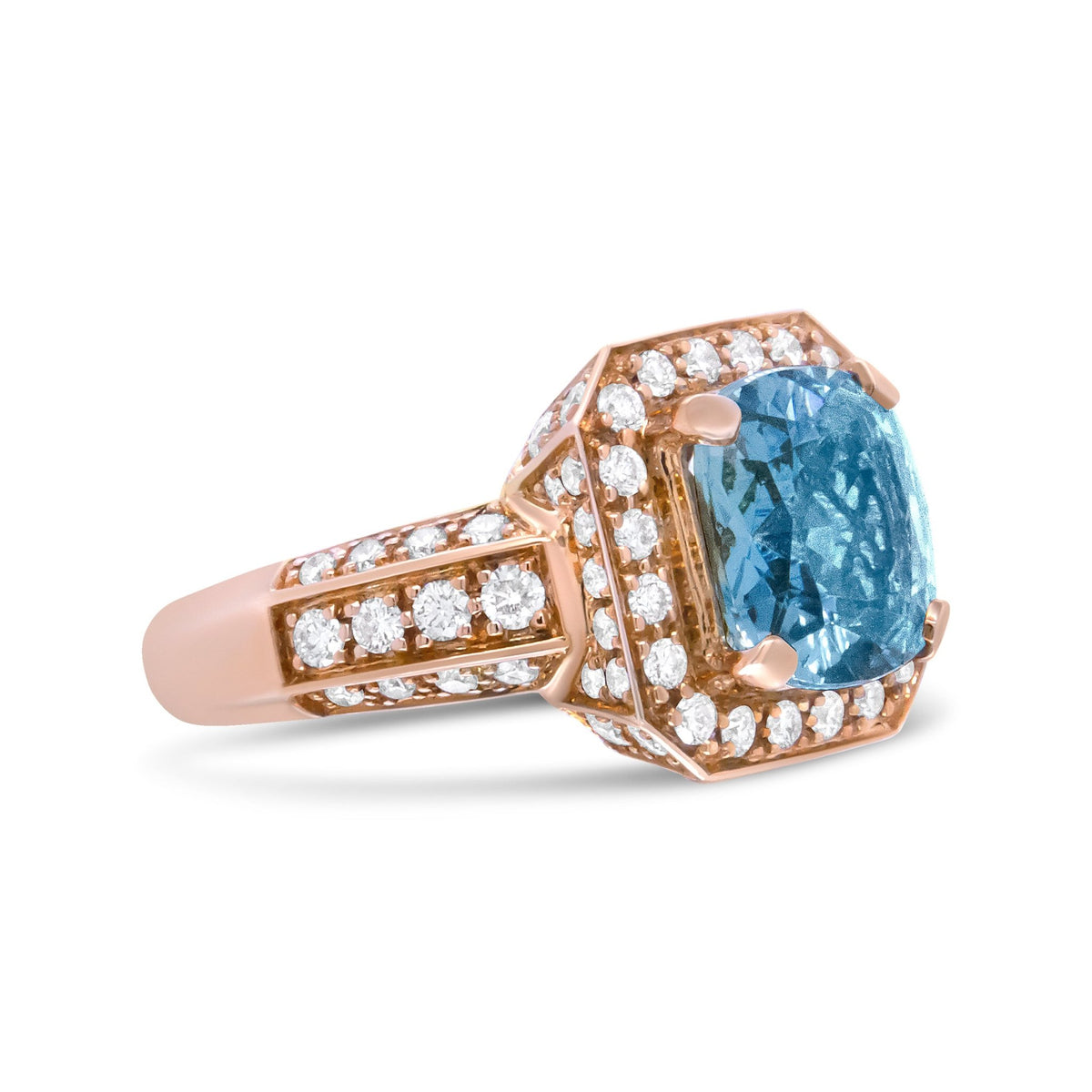 18K Rose Gold 10x10mm Cushion Shaped Aquamarine and 1 1/8 Cttw Round Diamond Halo Ring (F-G Color, VS1-VS2 Clarity) - Ring Size 6.5 - LinkagejewelrydesignLinkagejewelrydesign