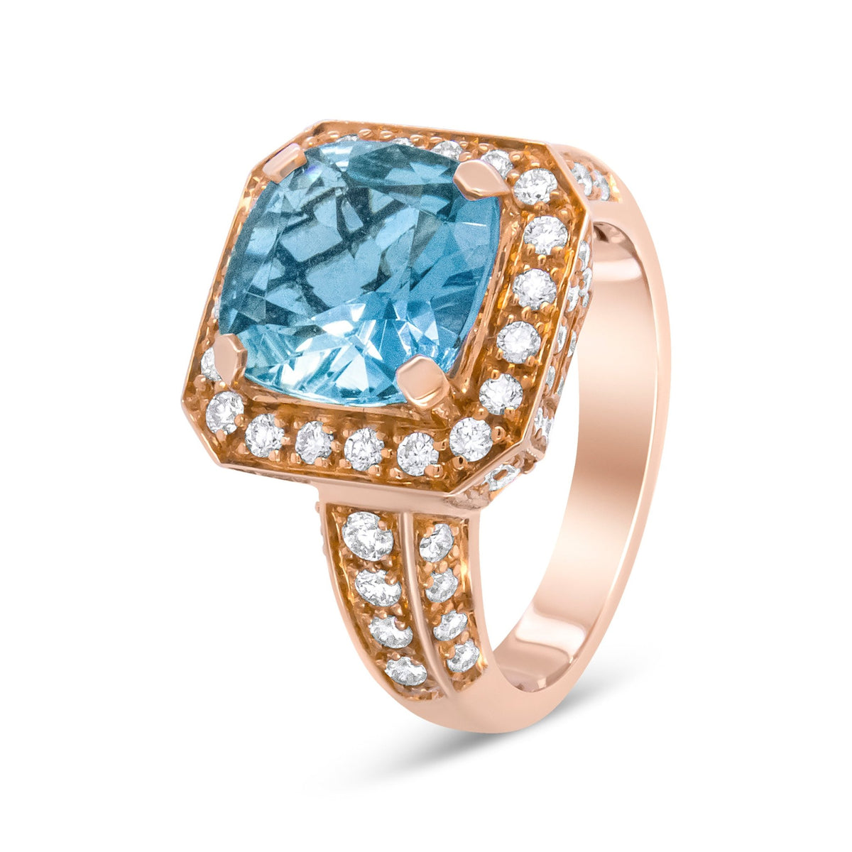 18K Rose Gold 10x10mm Cushion Shaped Aquamarine and 1 1/8 Cttw Round Diamond Halo Ring (F-G Color, VS1-VS2 Clarity) - Ring Size 6.5 - LinkagejewelrydesignLinkagejewelrydesign