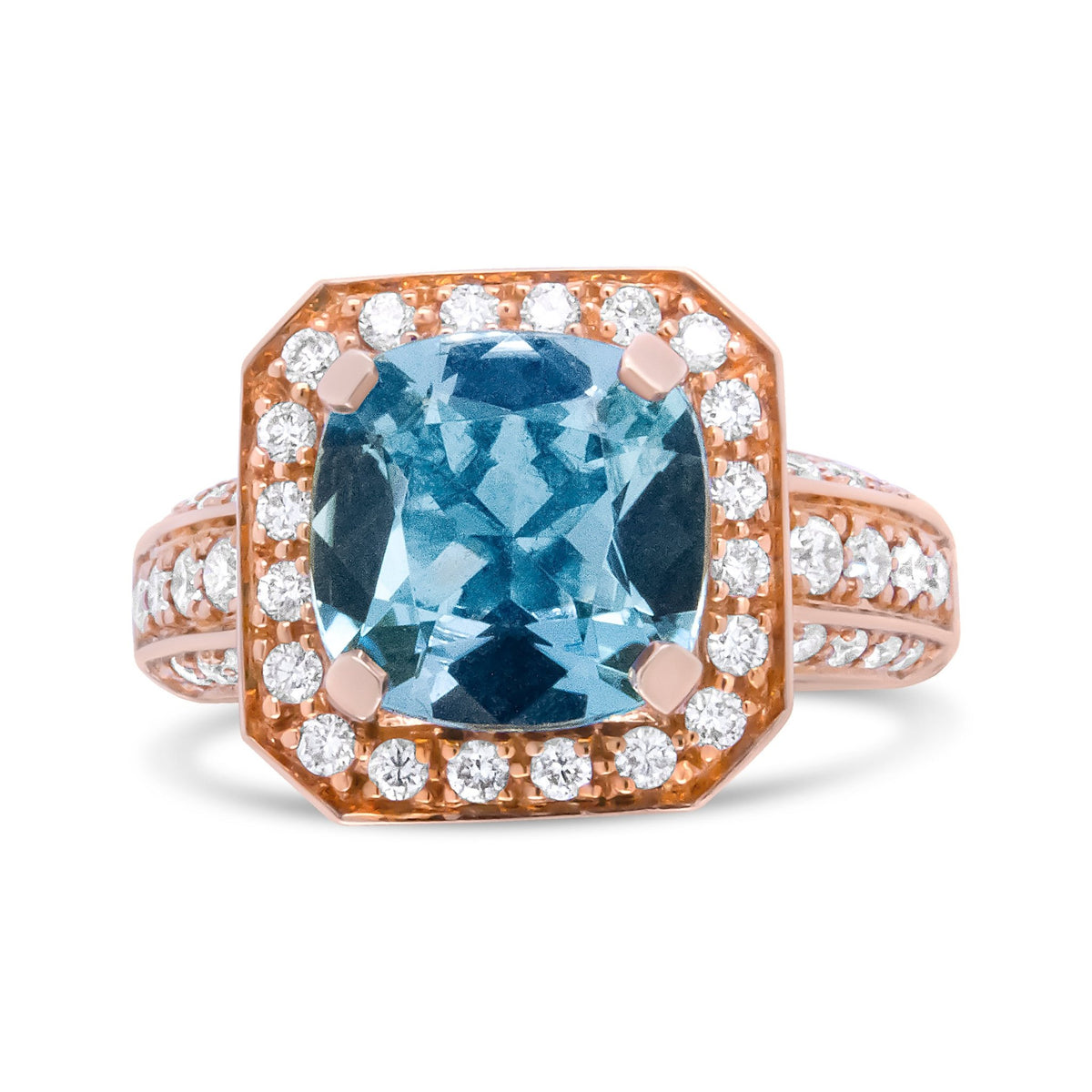 18K Rose Gold 10x10mm Cushion Shaped Aquamarine and 1 1/8 Cttw Round Diamond Halo Ring (F-G Color, VS1-VS2 Clarity) - Ring Size 6.5 - LinkagejewelrydesignLinkagejewelrydesign