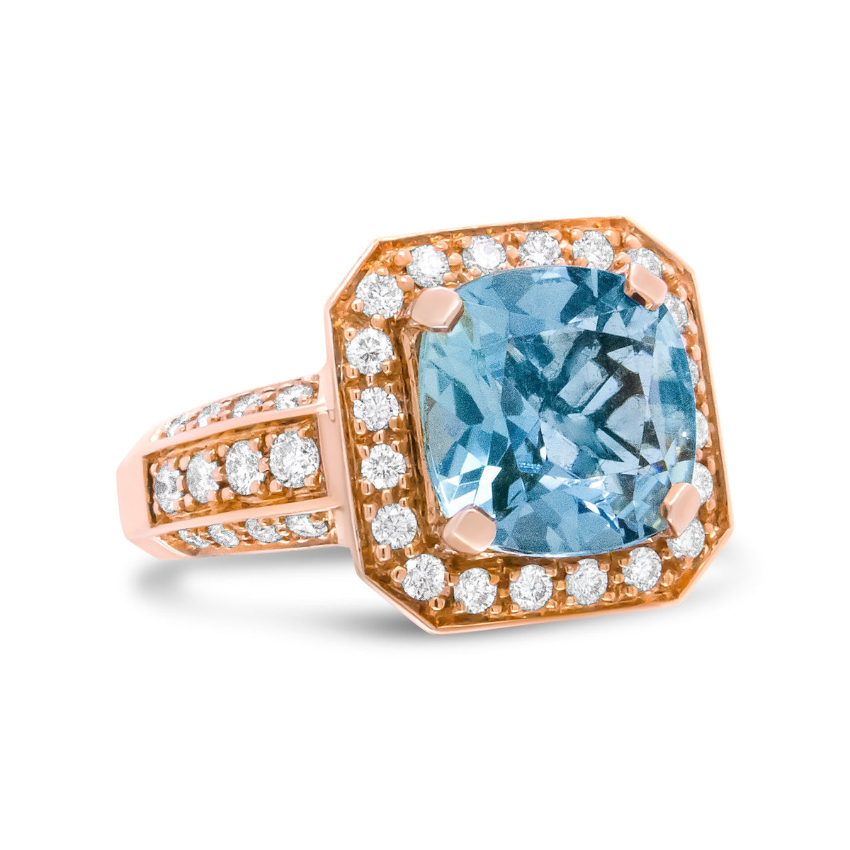 18K Rose Gold 10x10mm Cushion Shaped Aquamarine and 1 1/8 Cttw Round Diamond Halo Ring (F-G Color, VS1-VS2 Clarity) - Ring Size 6.5 - LinkagejewelrydesignLinkagejewelrydesign