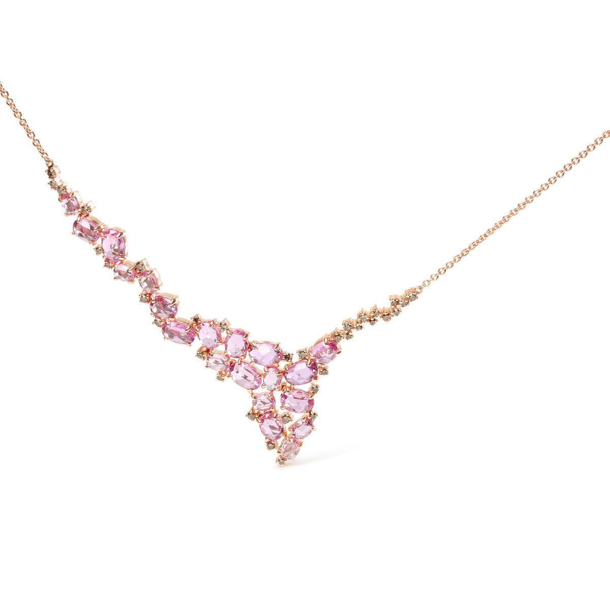 18K Rose Gold 1/2 Cttw Brown Diamond and Multi-Size Oval Pink Sapphire Cluster Cascade Statement Station Necklace (Brown Color, SI1-SI2 Clarity) - Adjustable up to 14&quot; to 16&quot; - LinkagejewelrydesignLinkagejewelrydesign