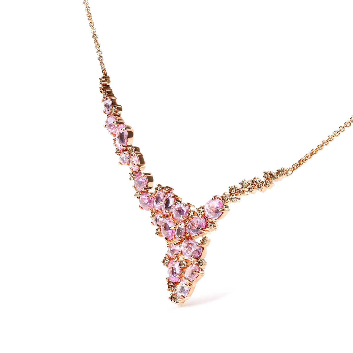 18K Rose Gold 1/2 Cttw Brown Diamond and Multi-Size Oval Pink Sapphire Cluster Cascade Statement Station Necklace (Brown Color, SI1-SI2 Clarity) - Adjustable up to 14&quot; to 16&quot; - LinkagejewelrydesignLinkagejewelrydesign