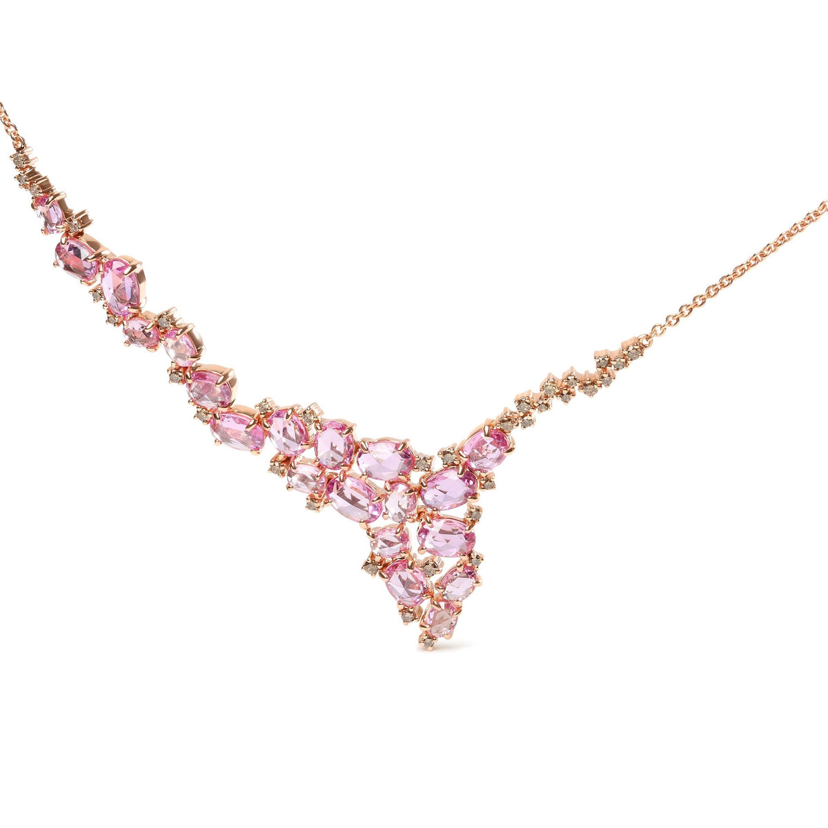 18K Rose Gold 1/2 Cttw Brown Diamond and Multi-Size Oval Pink Sapphire Cluster Cascade Statement Station Necklace (Brown Color, SI1-SI2 Clarity) - Adjustable up to 14&quot; to 16&quot; - LinkagejewelrydesignLinkagejewelrydesign