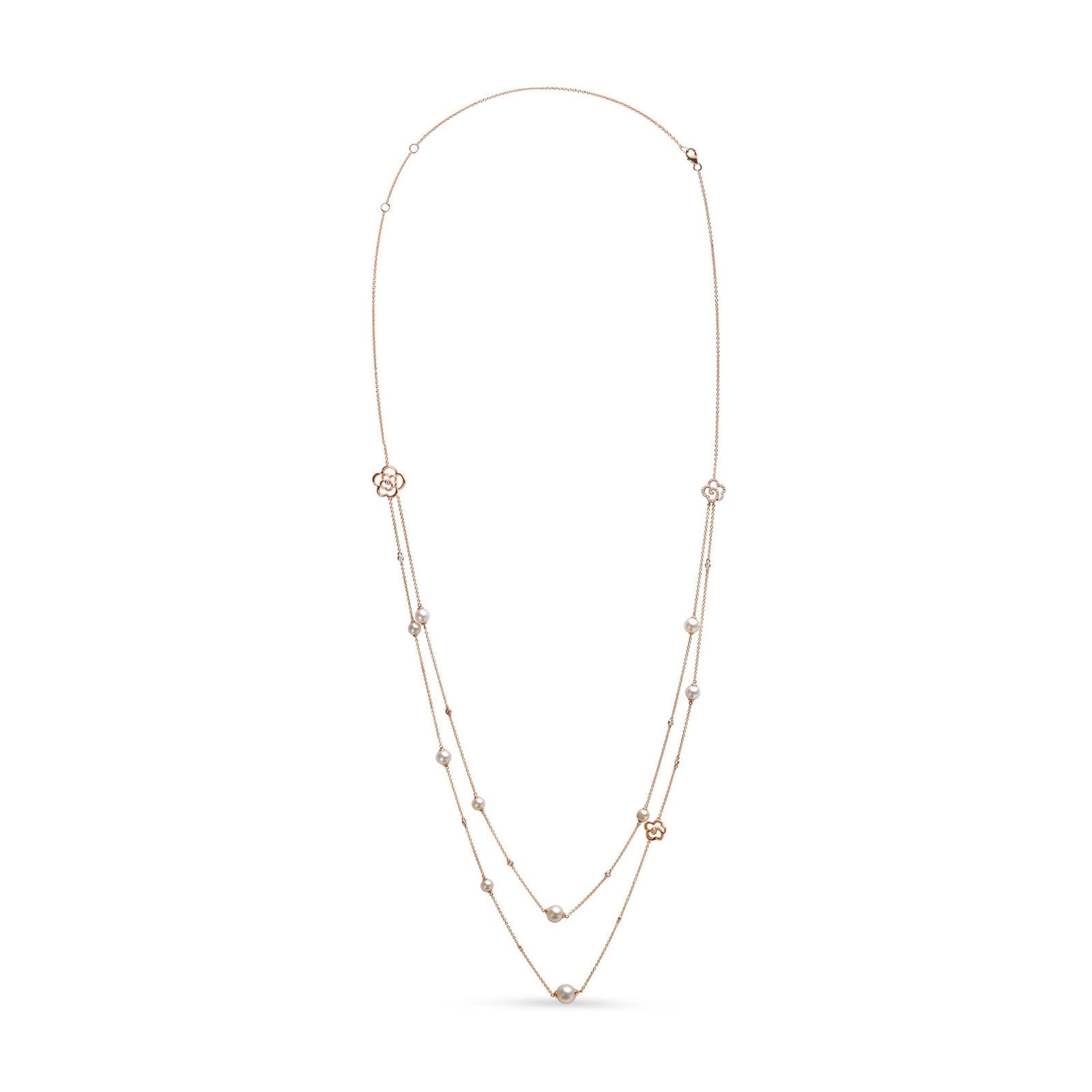 18K Rose Gold 1/2 Cttw Diamond and Freshwater Pearl Double Strand Station Necklace (G-H Color, SI1-SI2 Clarity) - Adjustable up to 16" to 20" - LinkagejewelrydesignLinkagejewelrydesign