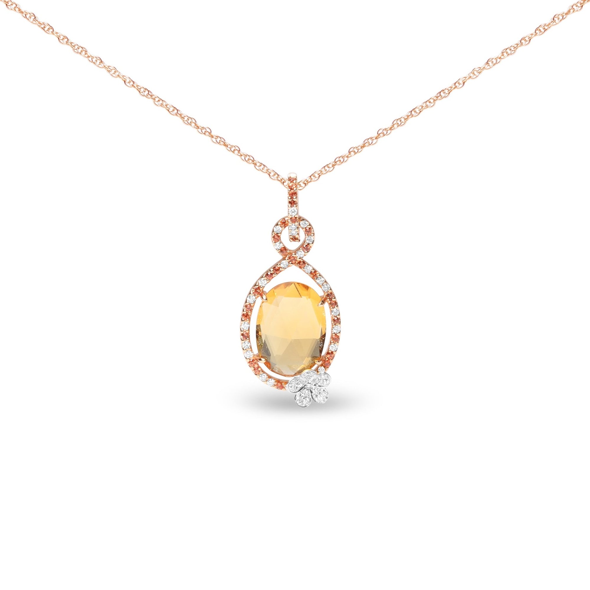 18K Rose Gold 1/5 Cttw Diamond and Oval Yellow Citrine and Round Orange Sapphire Gemstone Openwork Halo Teardrop with Flower Design 18" Pendant Necklace (G-H Color, SI1-SI2 Clarity) - LinkagejewelrydesignLinkagejewelrydesign